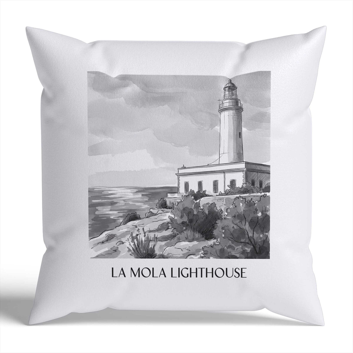 Far de la Mola Kissenhülle - Zierkissen Bezug - Formentera - Spanien Kissen bzw. Kissenbezug im Aquarell Schwarz-Weiß Stil - favplace