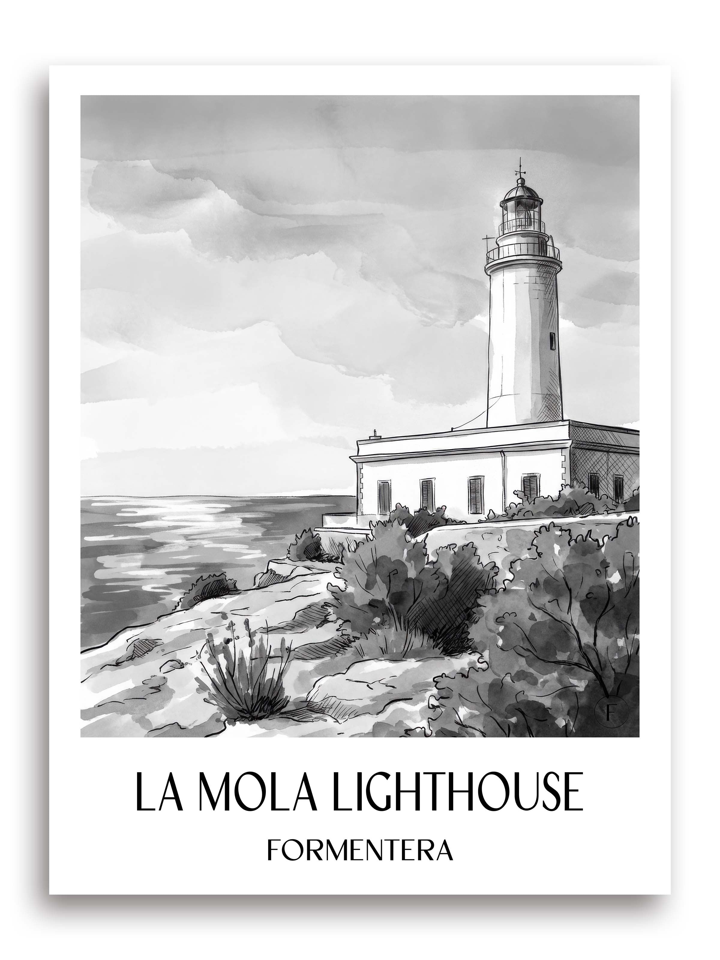 Far de la Mola Poster - Formentera - Spanien Kunstdruck - Aquarell Schwarz-Weiß von A4 bis A1 - favplace