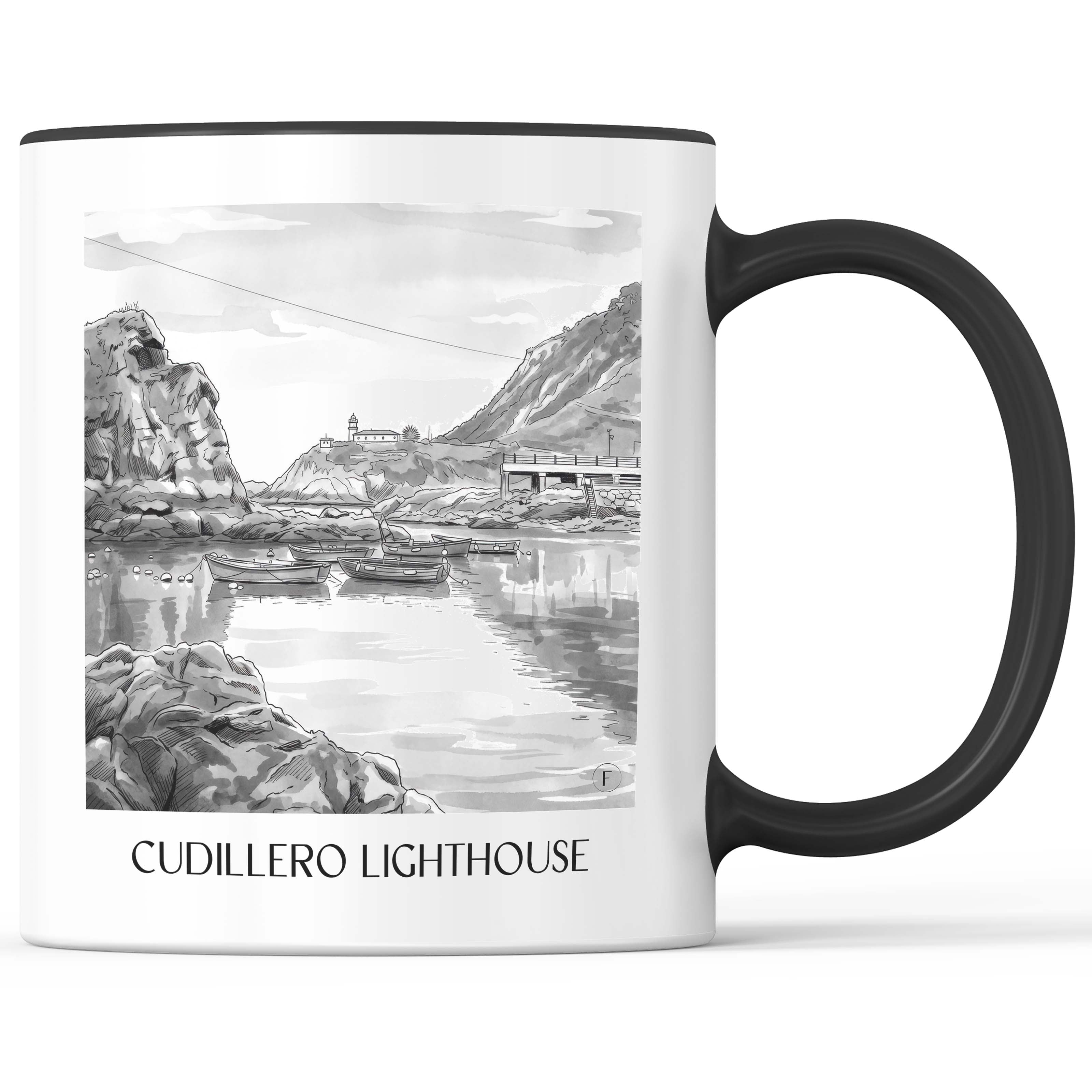 Faro de Cudillero Kaffeebecher - Spanien - Spanien Becher - Kaffeetasse im Aquarell Schwarz-Weiß Stil - favplace