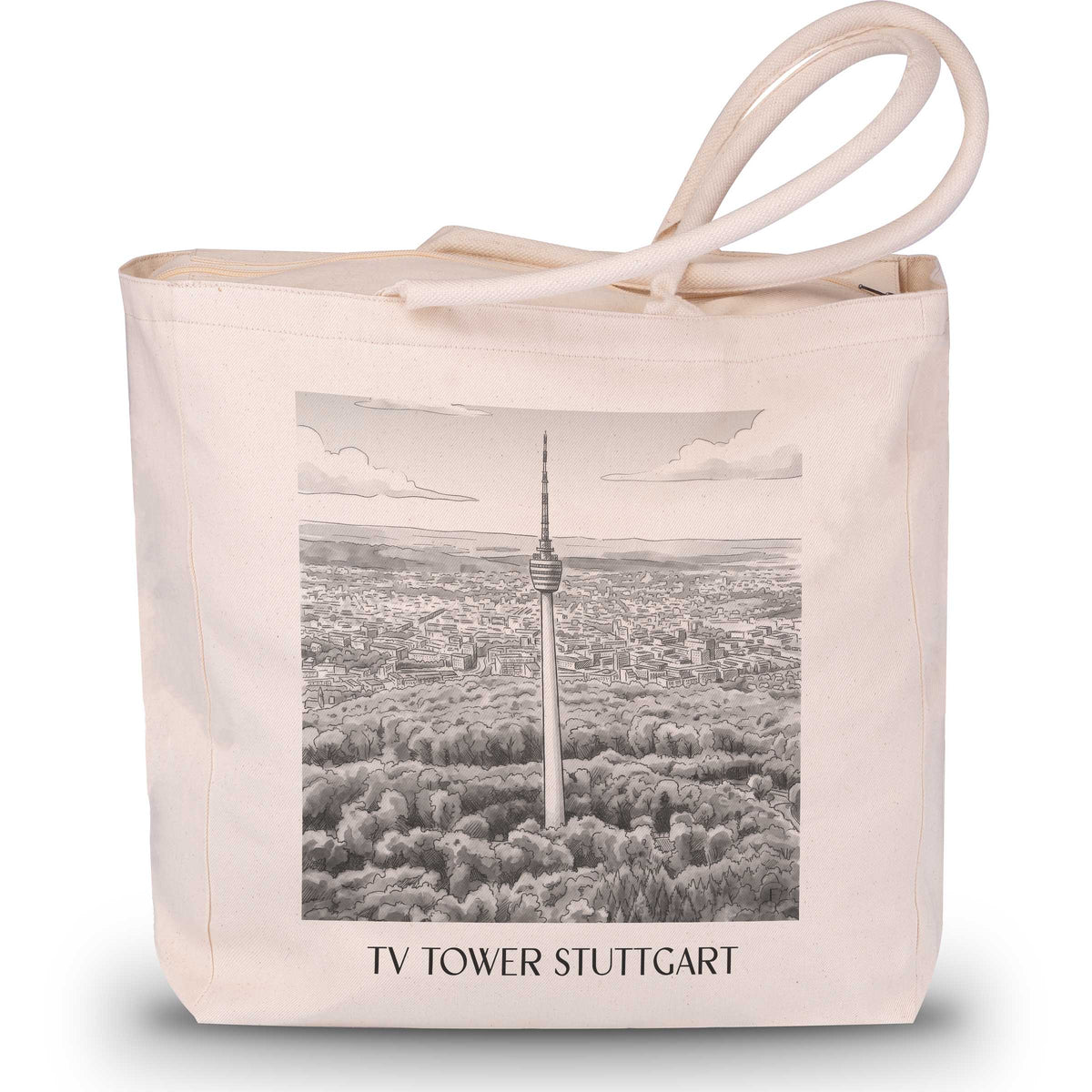 Fernsehturm Shopping Tasche - Stuttgart - Deutschland Tote Bag - Einkaufstasche im Aquarell Schwarz-Weiß Stil - favplace