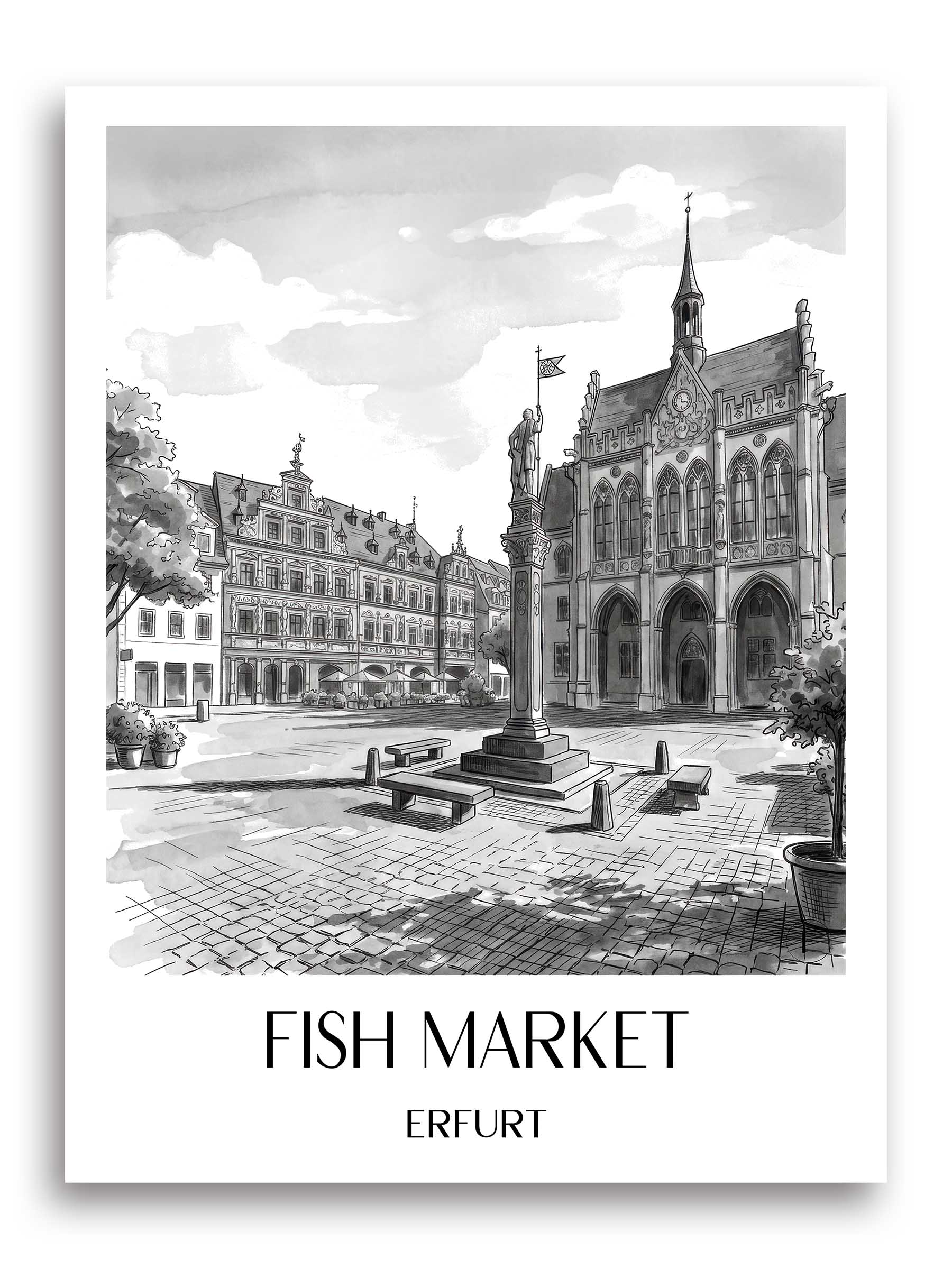 Fischmarkt Poster - Erfurt - Deutschland Kunstdruck - Aquarell Schwarz-Weiß von A4 bis A1 - favplace