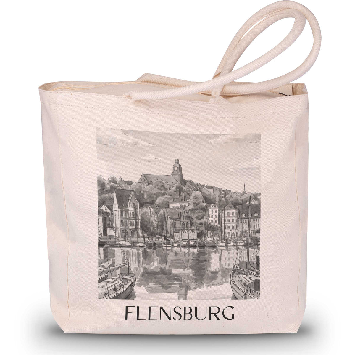 Flensburg Shopping Tasche - Schleswig - Deutschland Tote Bag - Einkaufstasche im Aquarell Schwarz-Weiß Stil - favplace