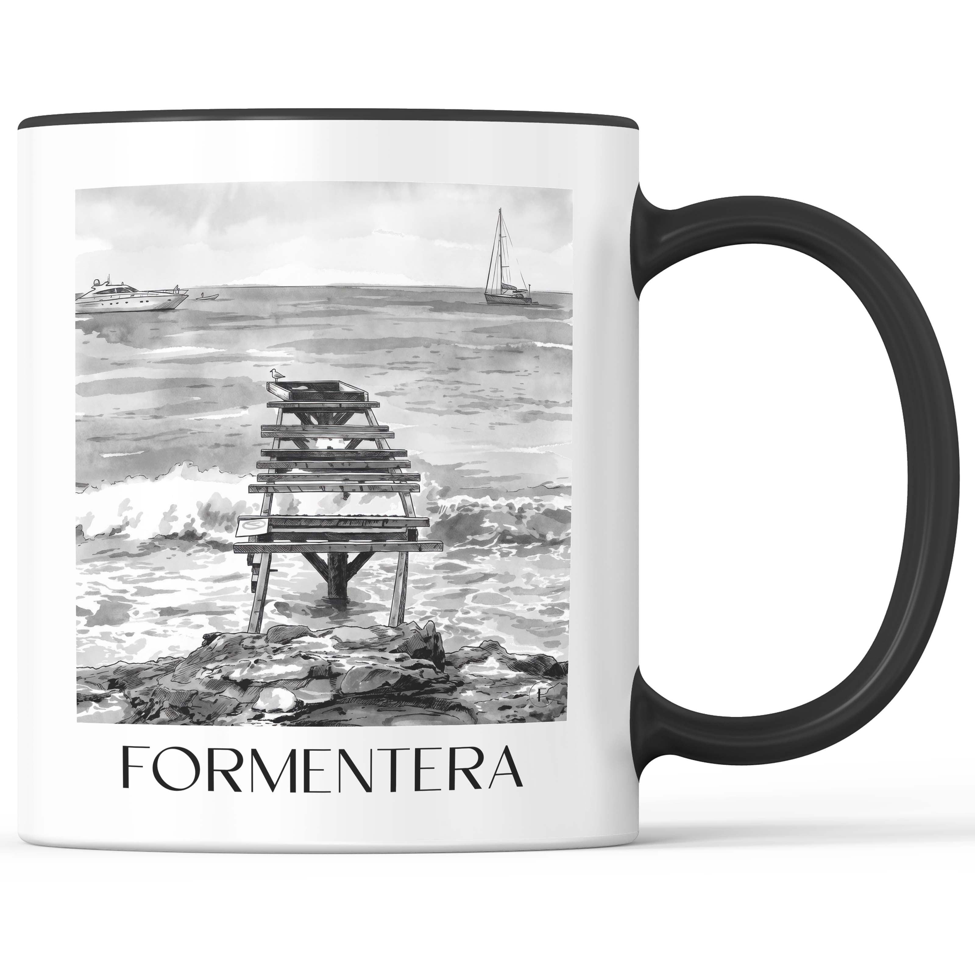 Formentera Kaffeebecher - Spanien - Spanien Becher - Kaffeetasse im Aquarell Schwarz-Weiß Stil - favplace