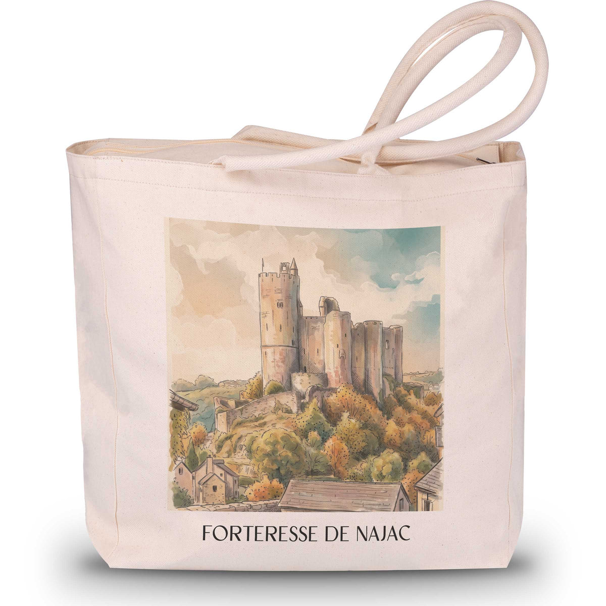forteresse-de-najac-okzitanien-frankreich-einkaufstasche-aquarell