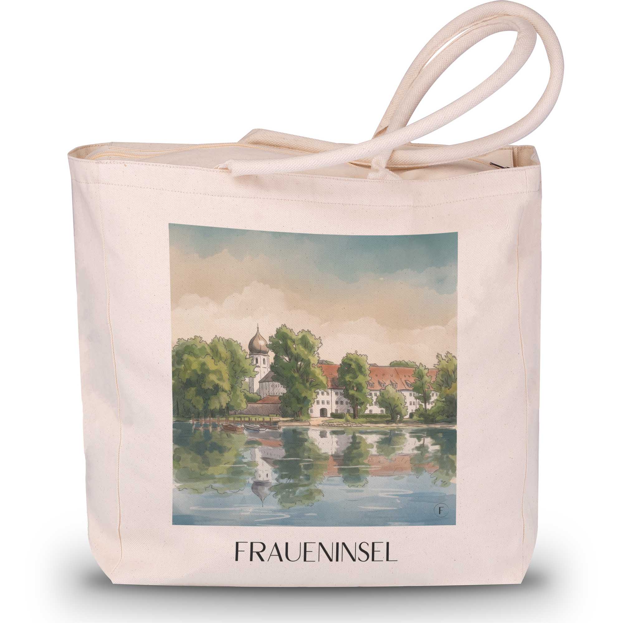 fraueninsel-chiemgau-deutschland-einkaufstasche-aquarell