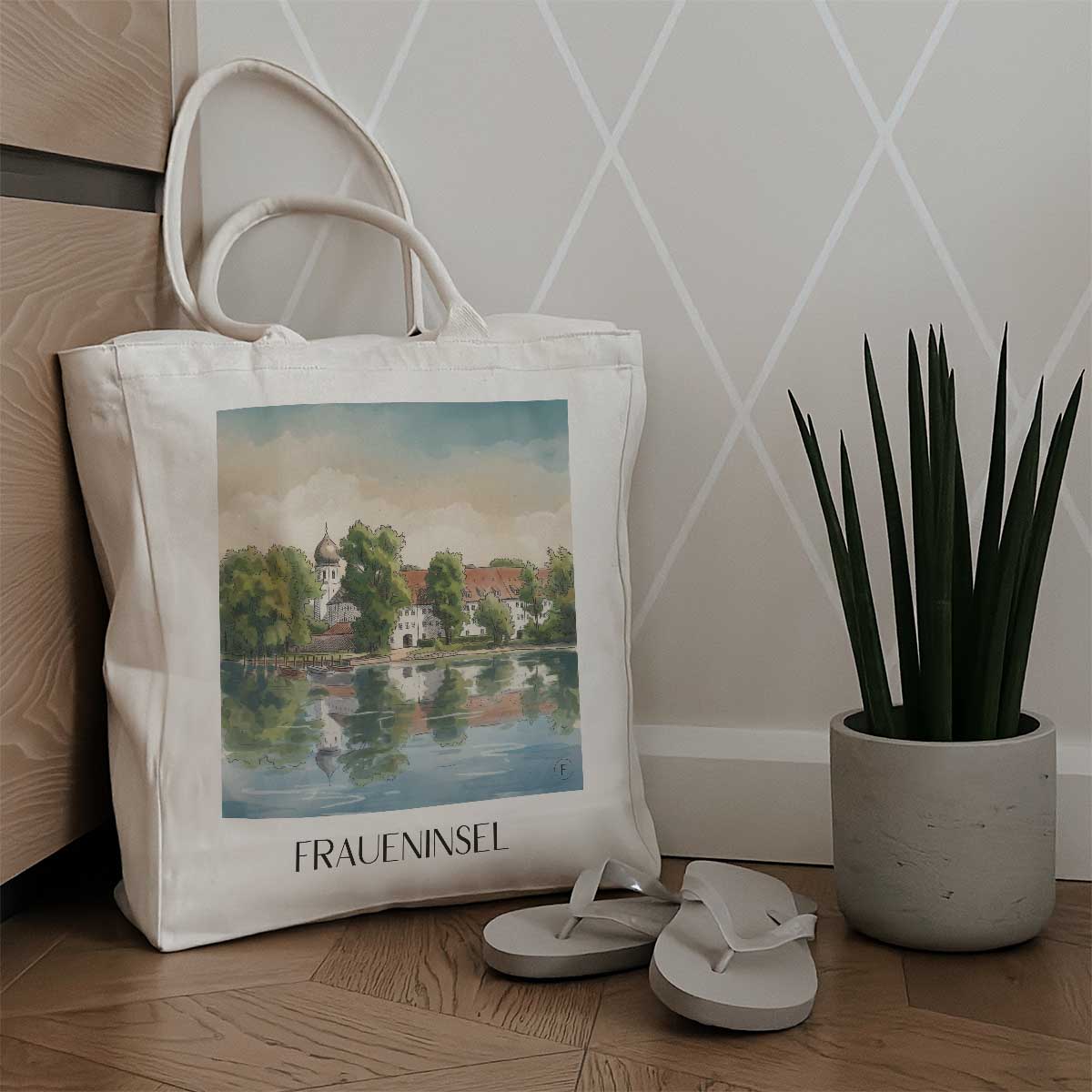 fraueninsel-chiemgau-deutschland-einkaufstasche-aquarell