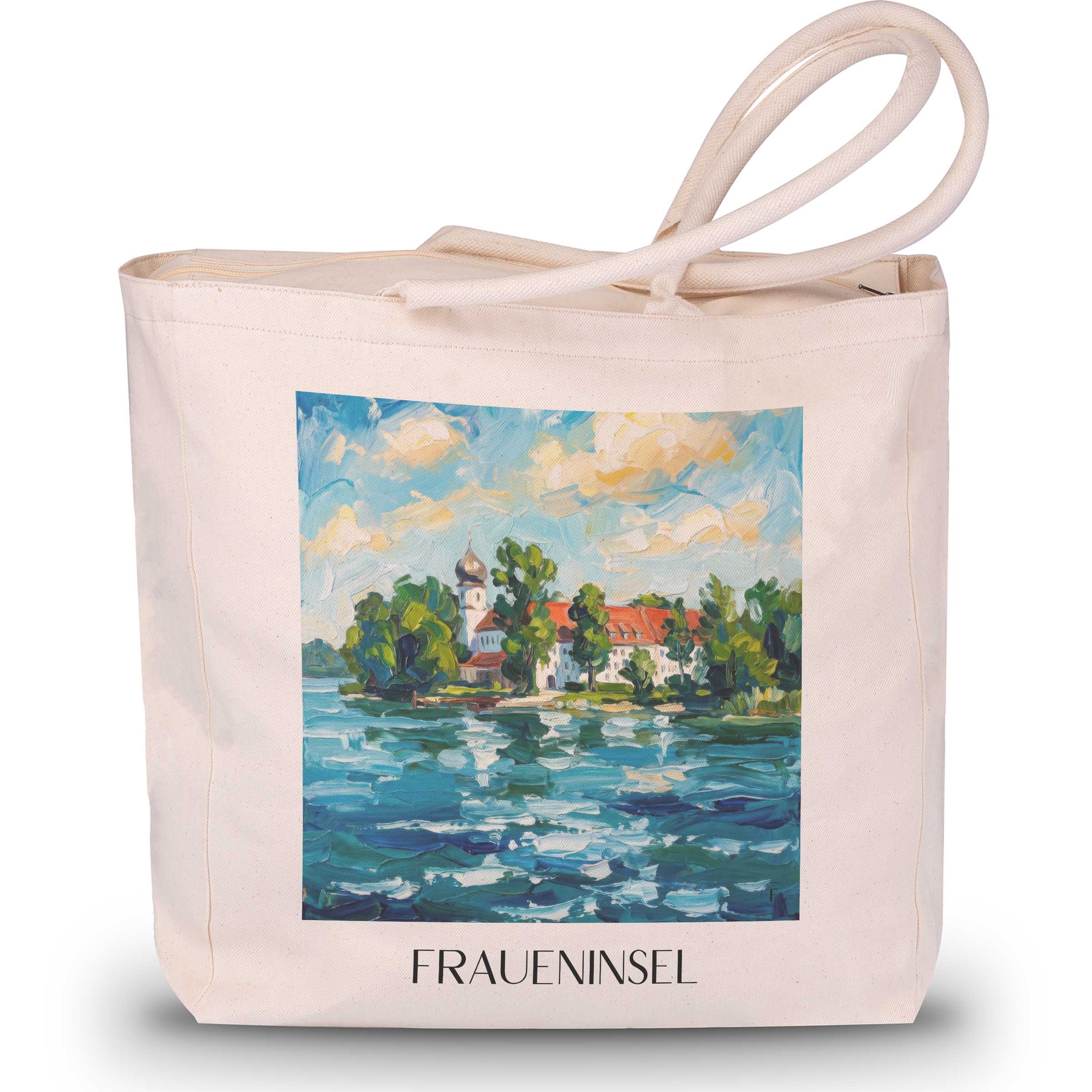 fraueninsel-chiemgau-deutschland-einkaufstasche-oil-painting-oelgemaelde