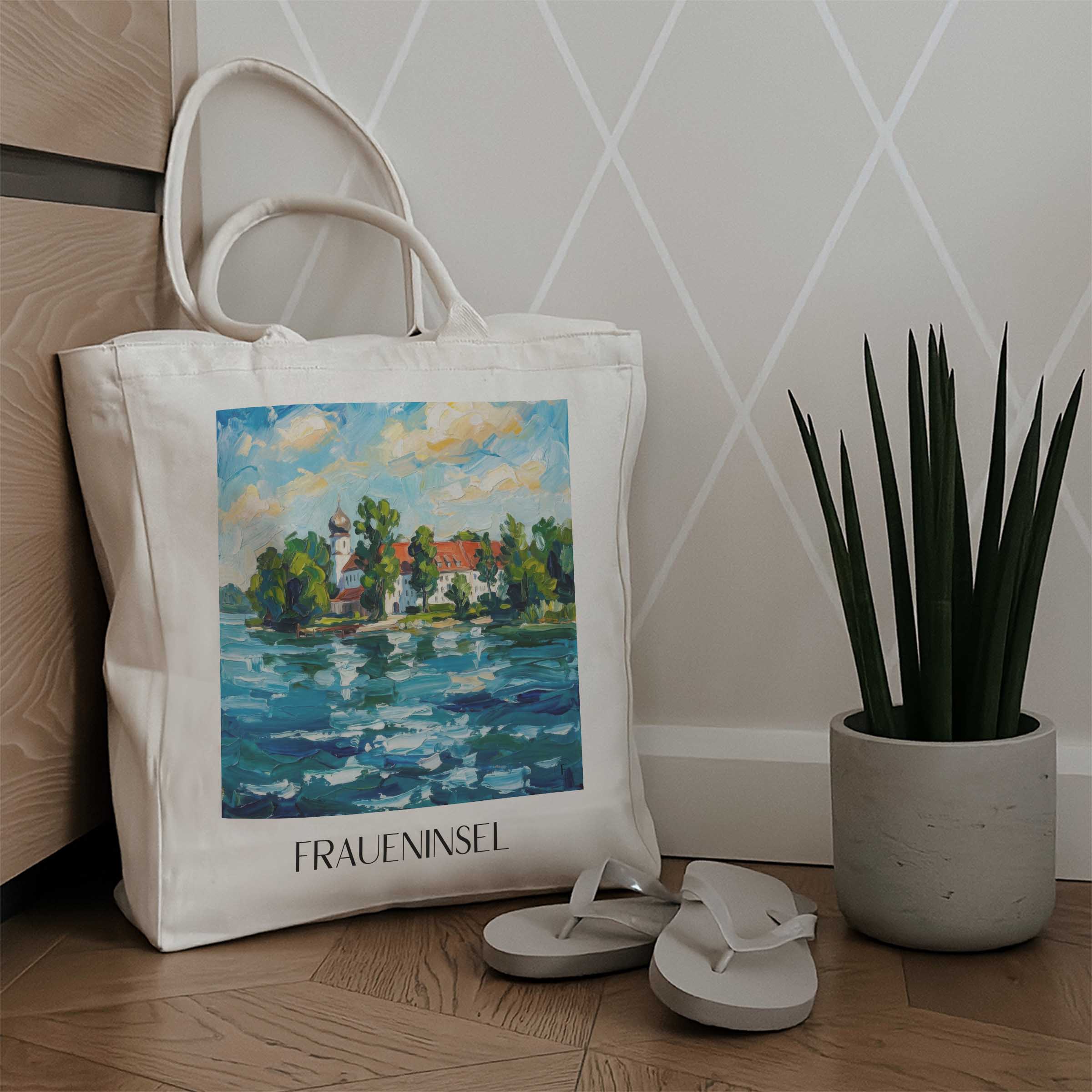 fraueninsel-chiemgau-deutschland-einkaufstasche-oil-painting-oelgemaelde