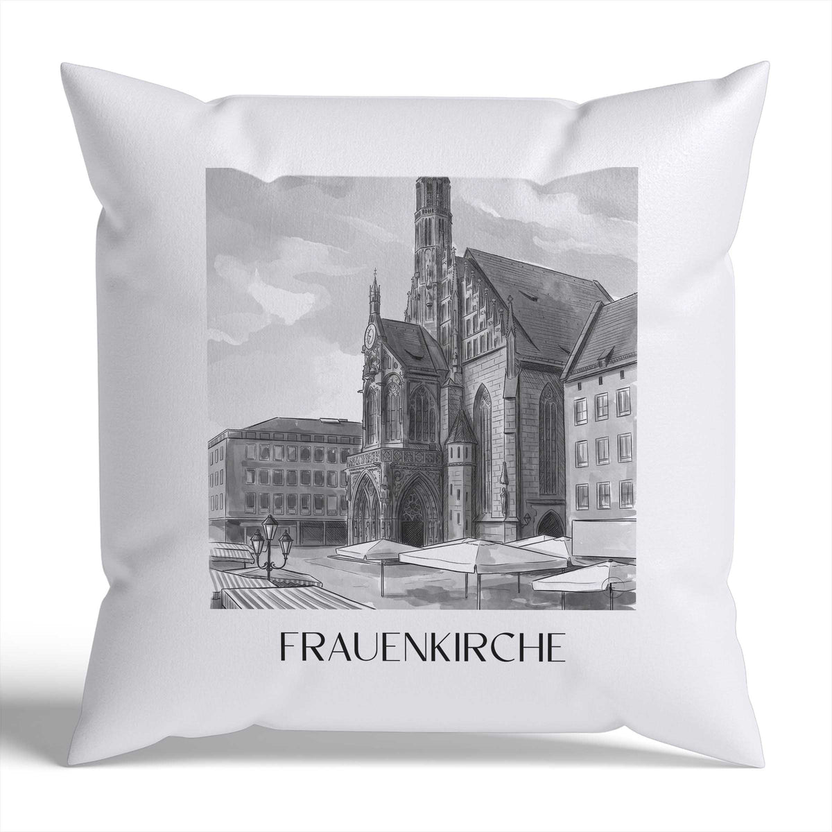 Frauenkirche Kissenhülle - Zierkissen Bezug - Nürnberg - Deutschland Kissen bzw. Kissenbezug im Aquarell Schwarz-Weiß Stil - favplace