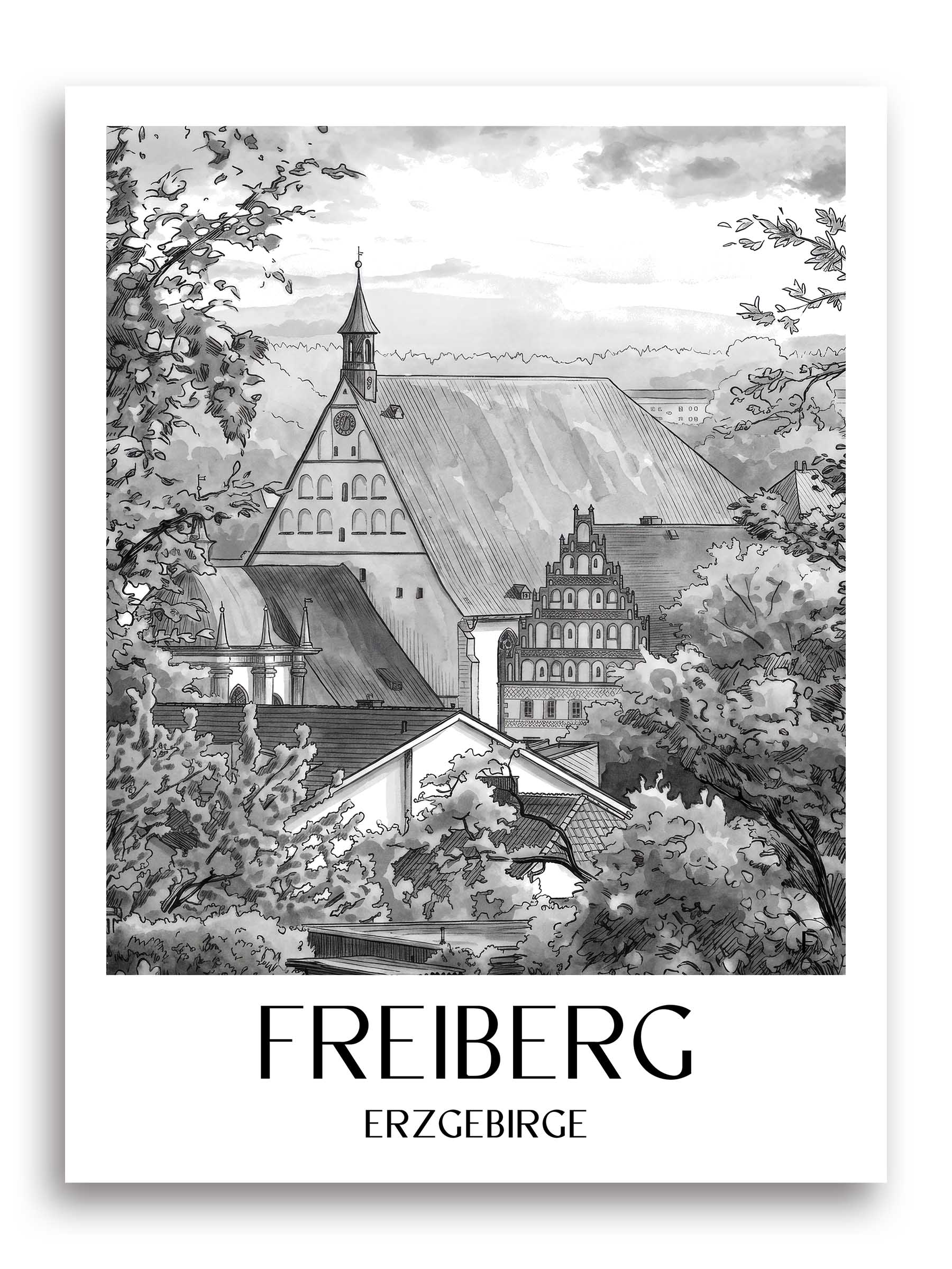 freiberg-erzgebirge-deutschland-poster-aquarell-schwarz-weiss