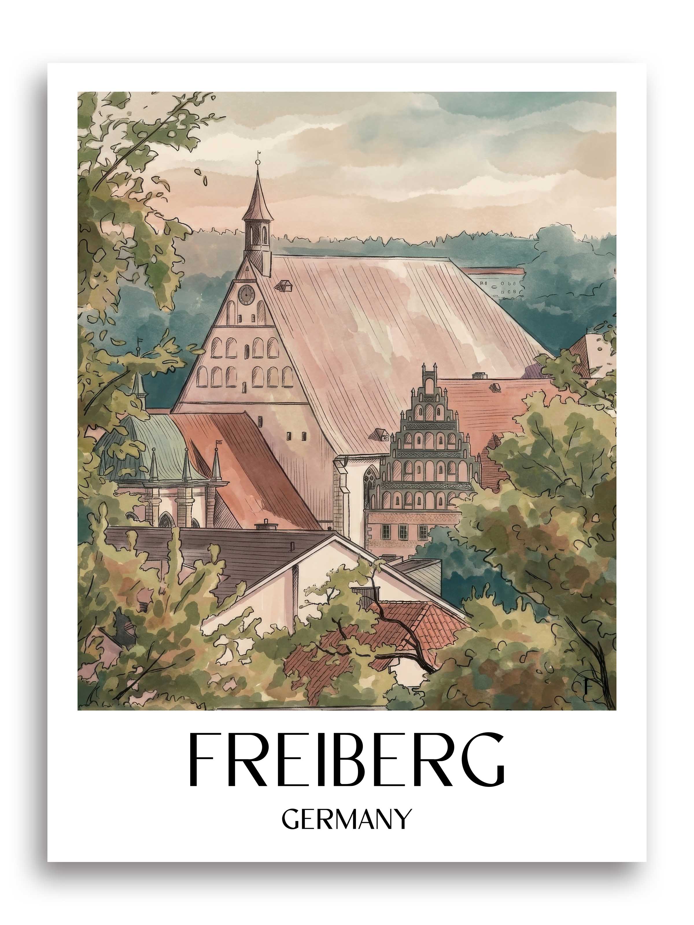 Freiberg Poster - Erzgebirge - Deutschland Kunstdruck - Aquarell von A4 bis A1 - favplace