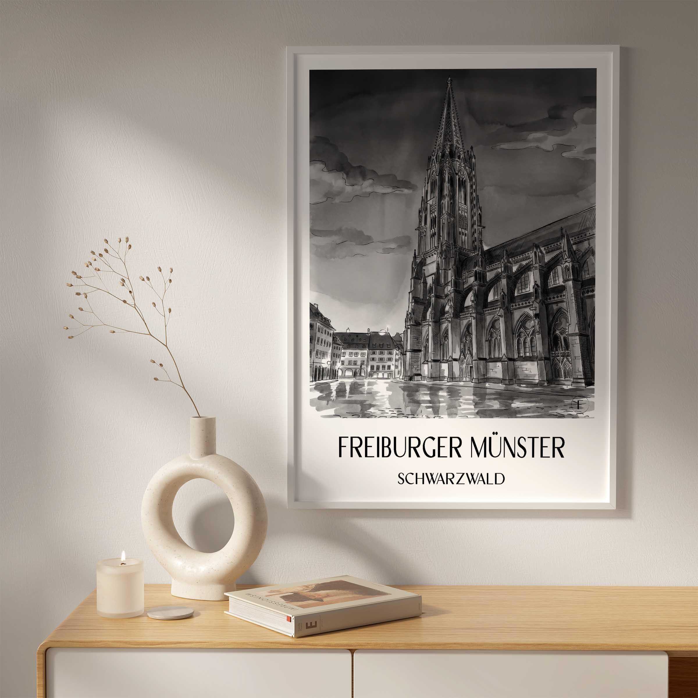 freiburger-münster-schwarzwald-deutschland-poster-aquarell-schwarz-weiss