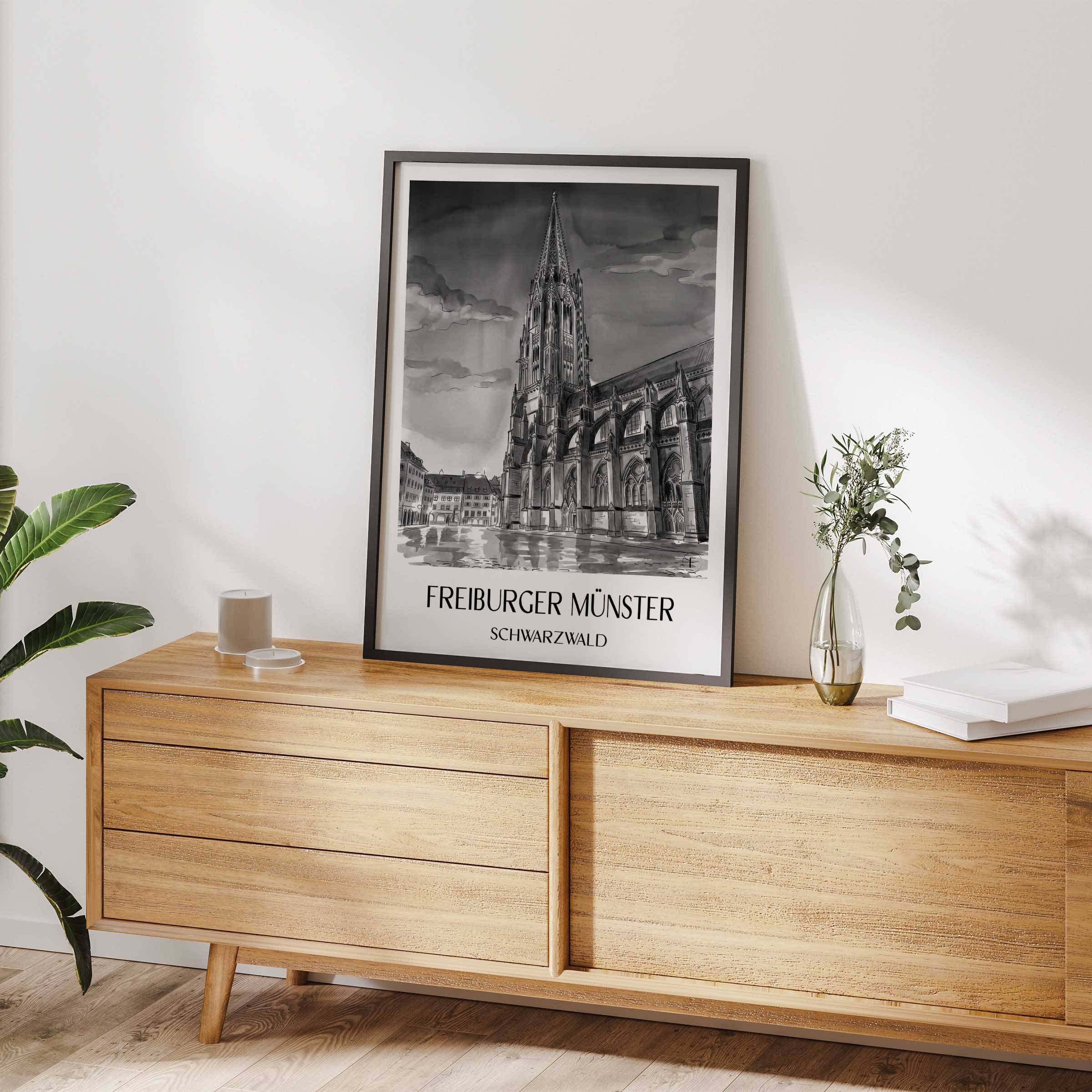 freiburger-münster-schwarzwald-deutschland-poster-aquarell-schwarz-weiss