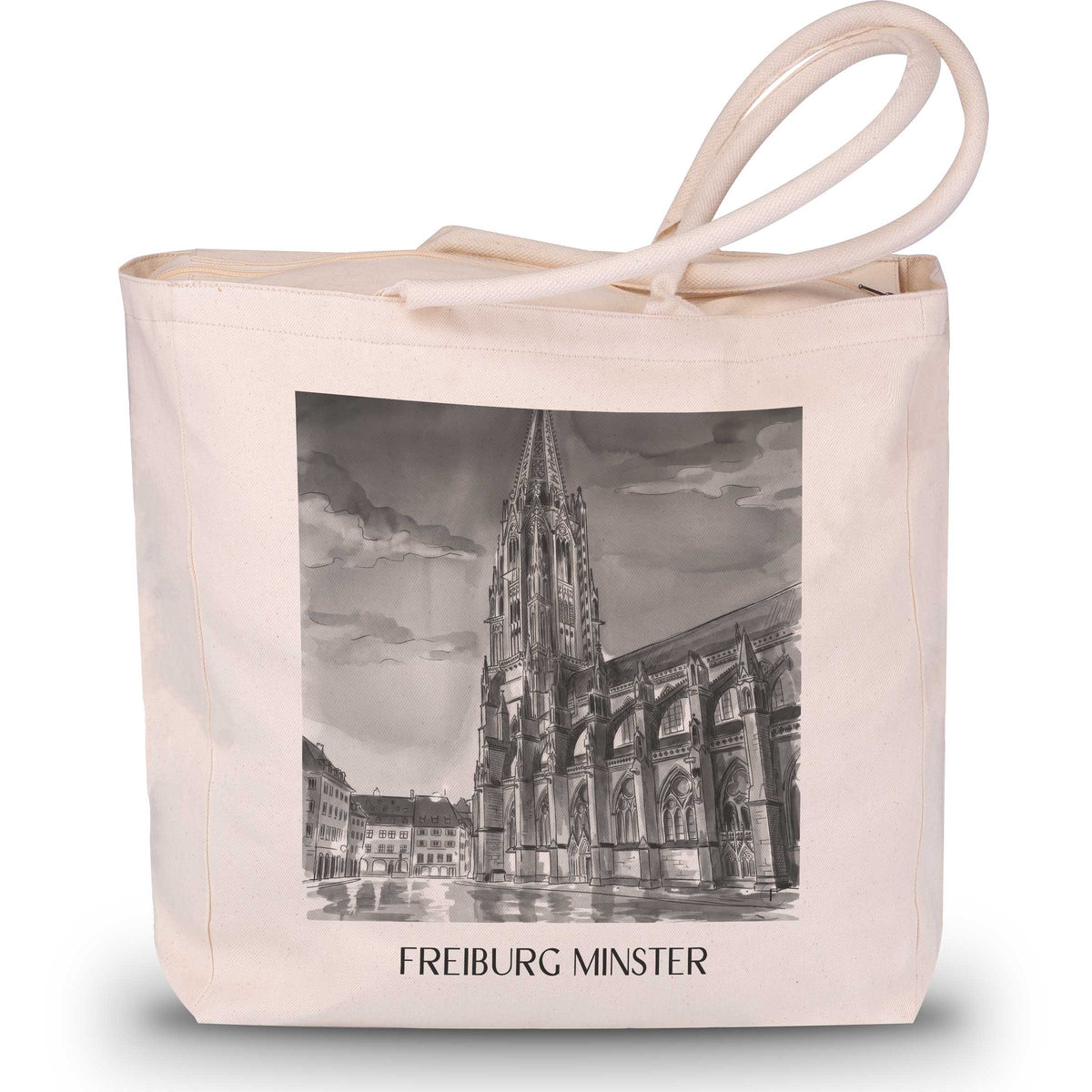 Freiburger Münster Shopping Tasche - Schwarzwald - Deutschland Tote Bag - Einkaufstasche im Aquarell Schwarz-Weiß Stil - favplace