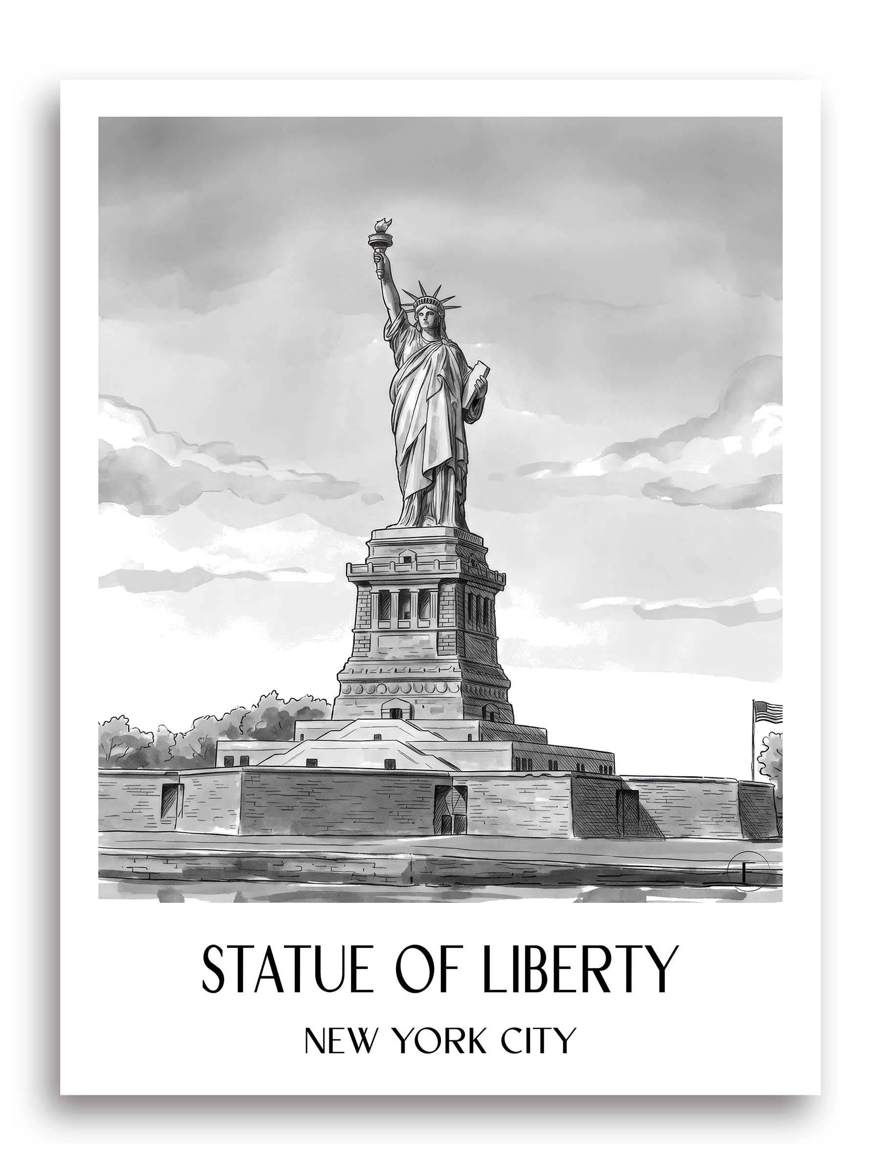 Freiheitsstatue Poster - New York City - USA Kunstdruck - Aquarell Schwarz-Weiß von A4 bis A1 - favplace