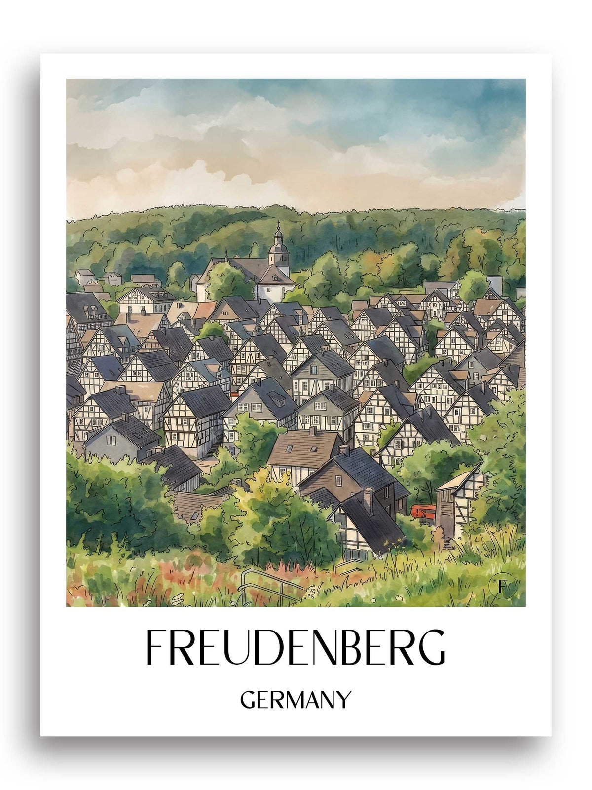 Freudenberg Poster - Siegerland - Deutschland Kunstdruck - Aquarell von A4 bis A1 - favplace