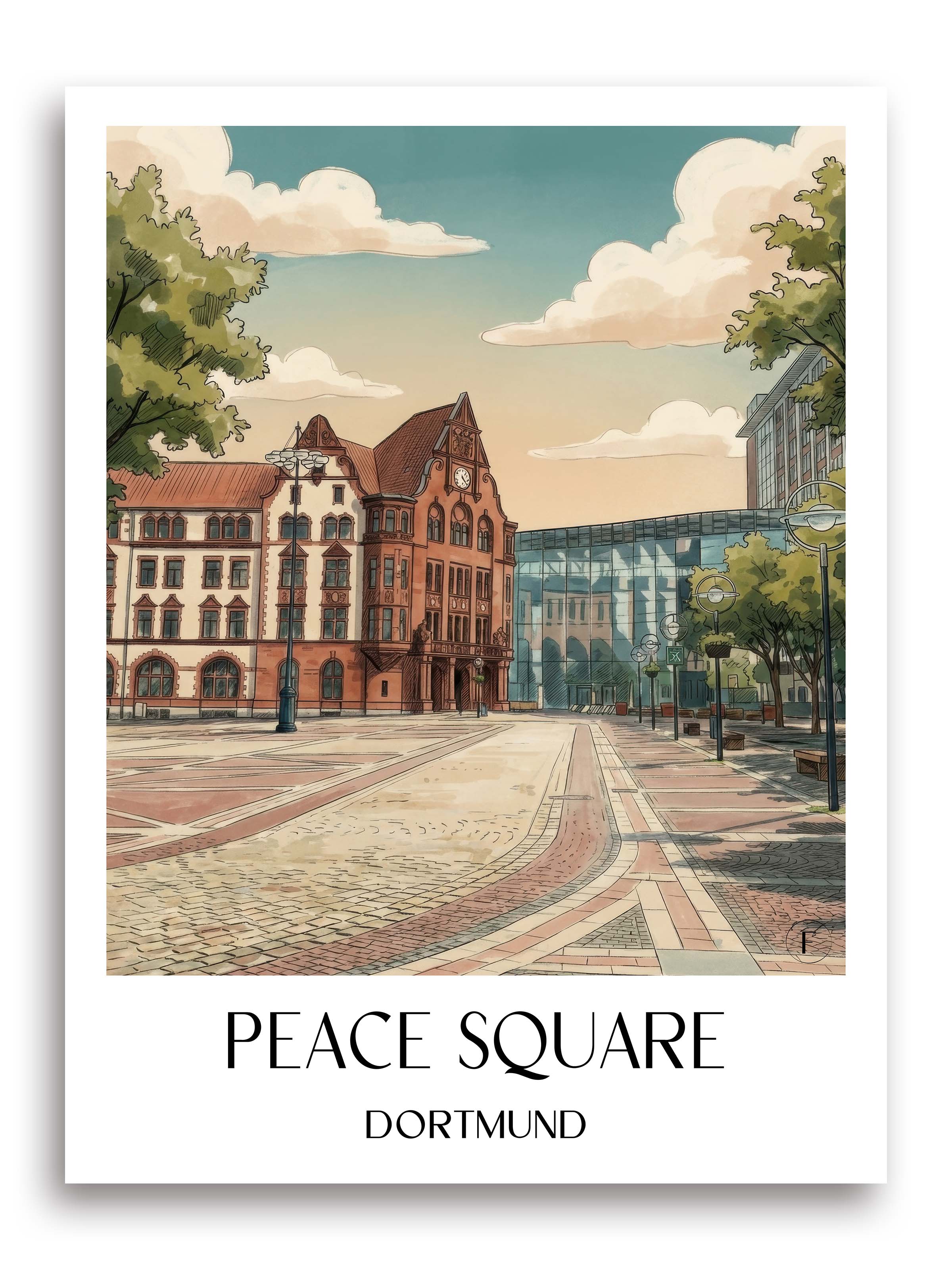 Friedensplatz Poster - Dortmund - Deutschland Kunstdruck - Aquarell von A4 bis A1 - favplace