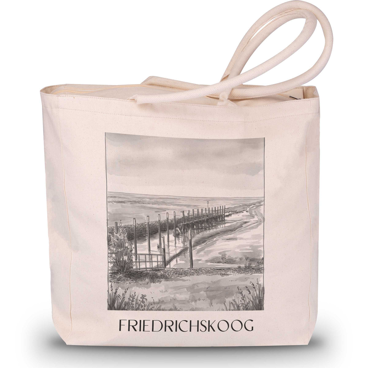Friedrichskoog Shopping Tasche - Schleswig-Holstein - Deutschland Tote Bag - Einkaufstasche im Aquarell Schwarz-Weiß Stil - favplace