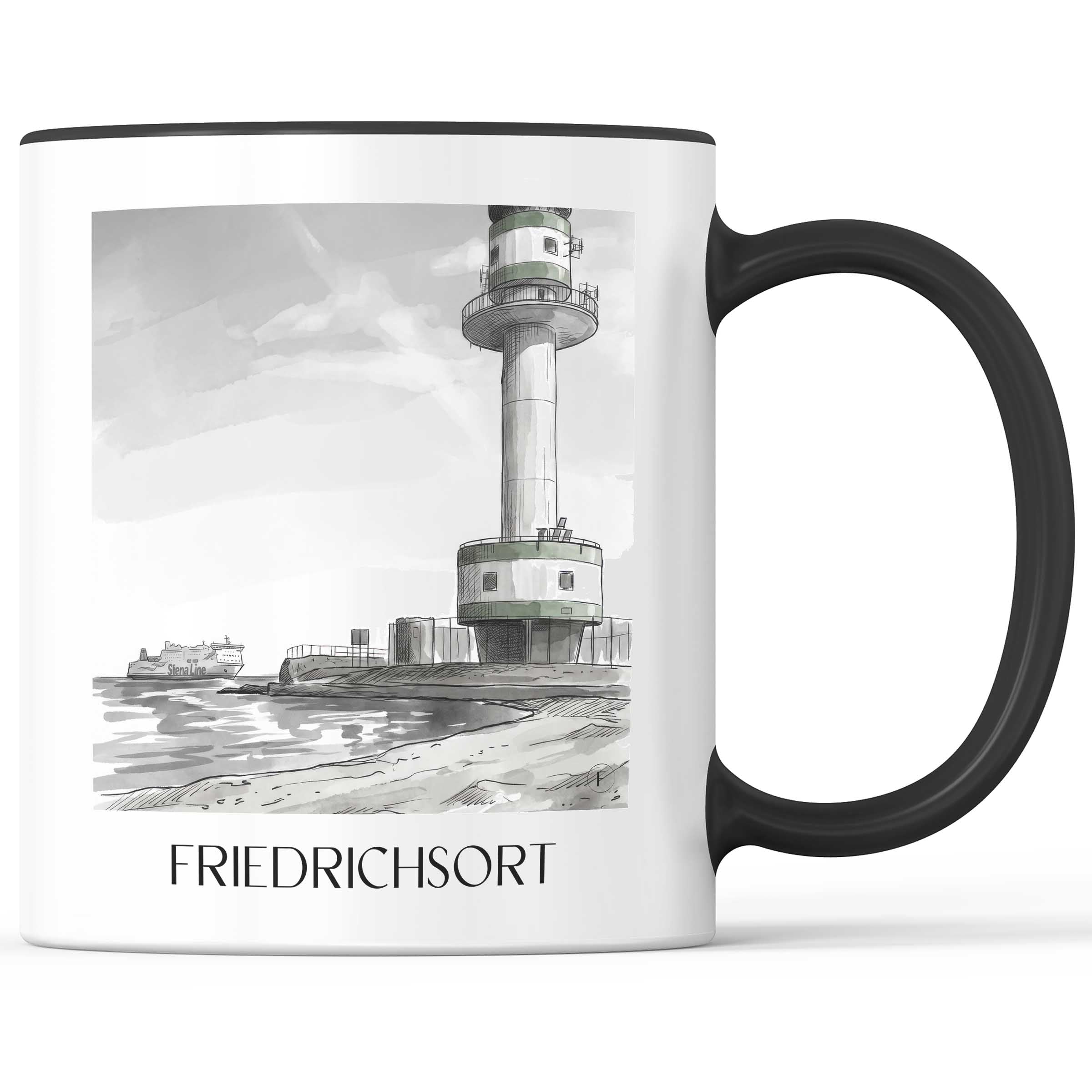 Friedrichsort Kaffeebecher - Kiel - Deutschland Becher - Kaffeetasse im Aquarell Schwarz-Weiß Stil - favplace