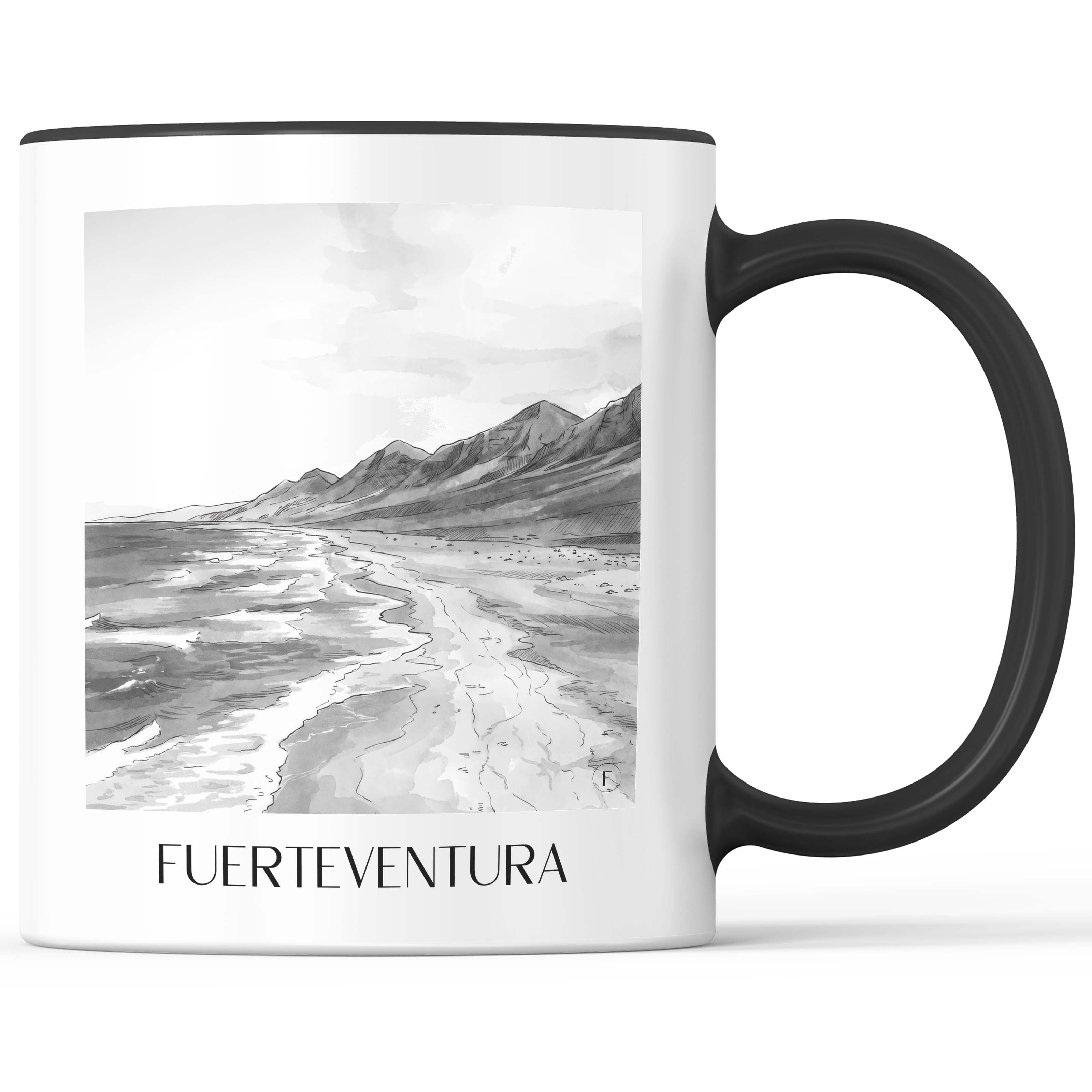 Fuerteventura Kaffeebecher - Spanien - Spanien Becher - Kaffeetasse im Aquarell Schwarz-Weiß Stil - favplace