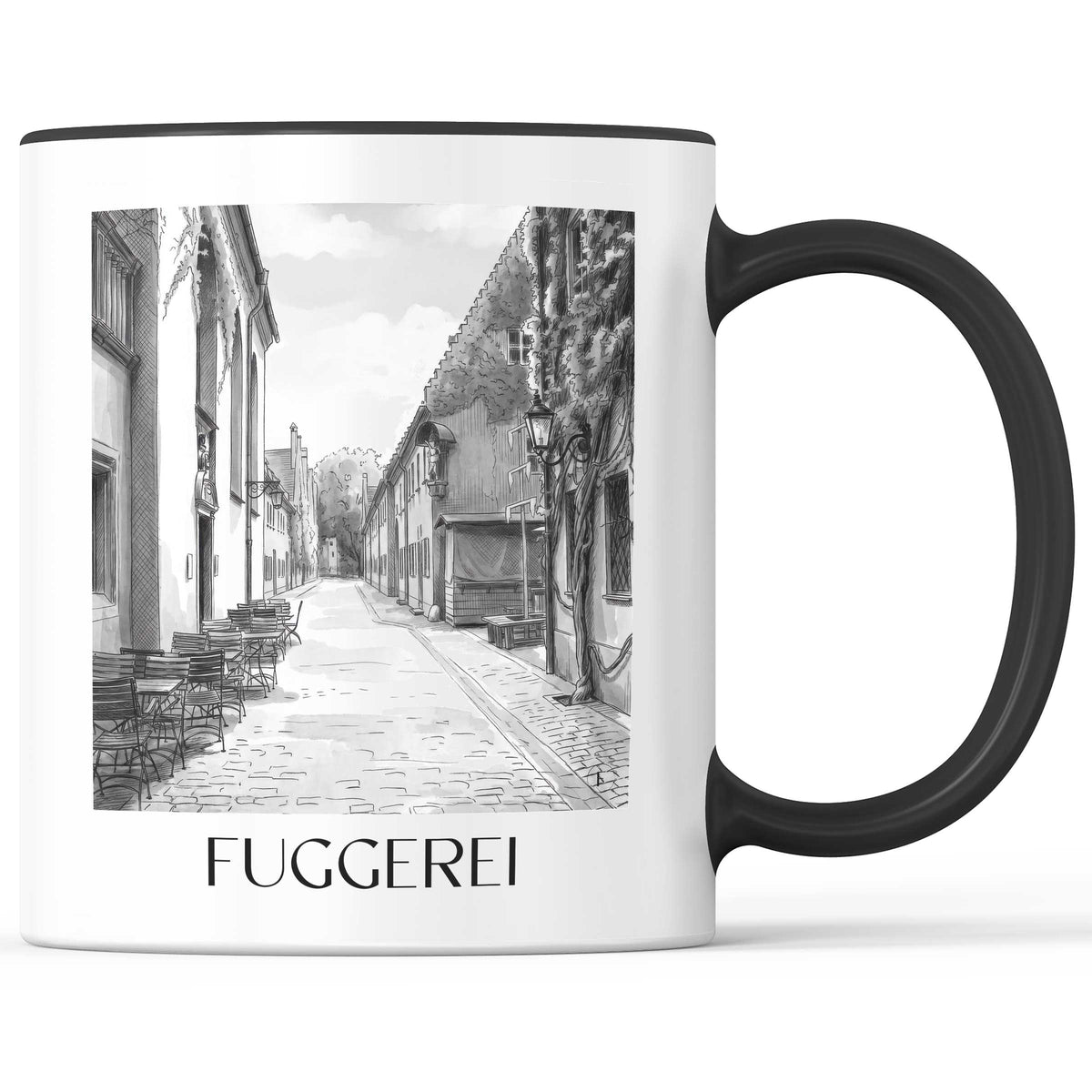 Fuggerei Kaffeebecher - Augsburg - Deutschland Becher - Kaffeetasse im Aquarell Schwarz-Weiß Stil - favplace