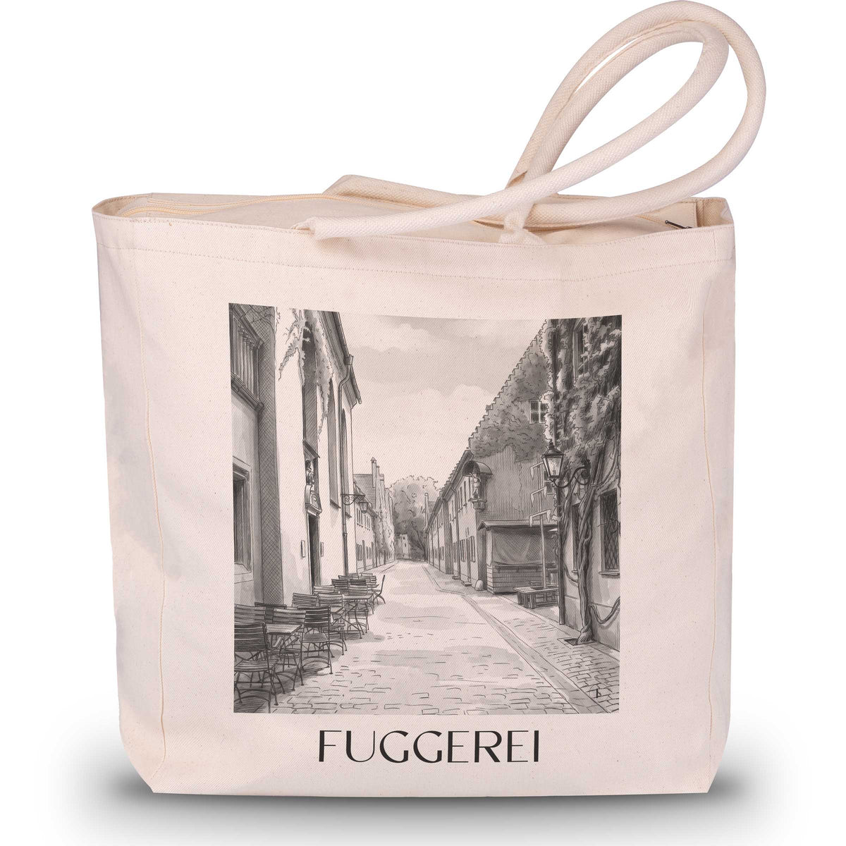 Fuggerei Shopping Tasche - Augsburg - Deutschland Tote Bag - Einkaufstasche im Aquarell Schwarz-Weiß Stil - favplace