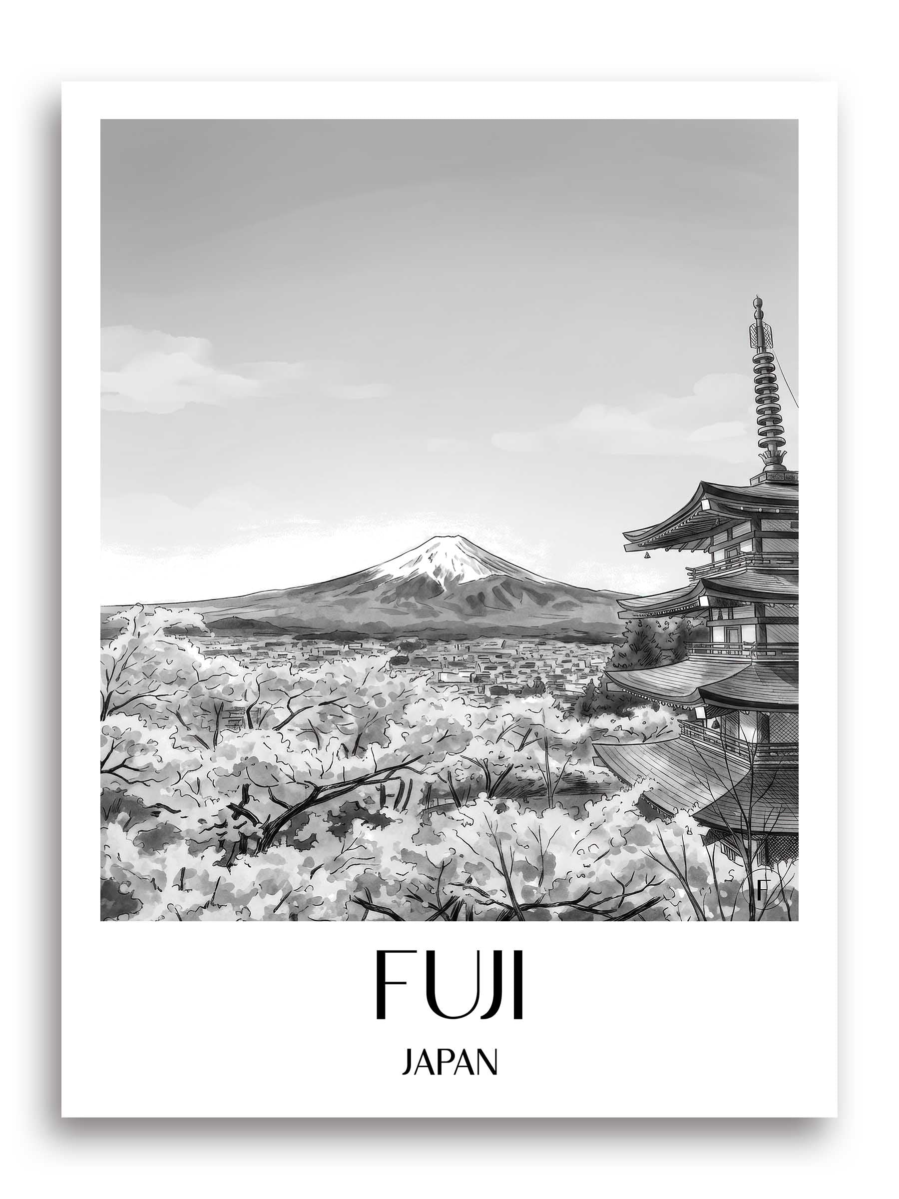 Fuji, Japan Poster - - Japan Kunstdruck - Aquarell Schwarz-Weiß von A4 bis A1 - favplace