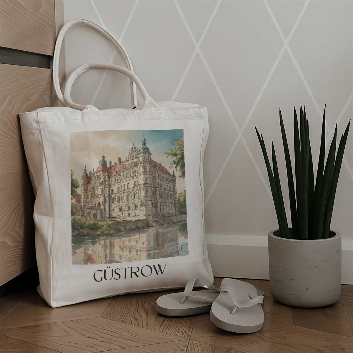 güstrow-mecklenburg-vorpommern-deutschland-einkaufstasche-aquarell