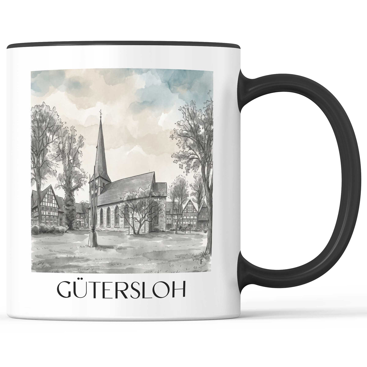 Gütersloh Kaffeebecher - Ostwestfalen - Deutschland Becher - Kaffeetasse im Aquarell Schwarz-Weiß Stil - favplace