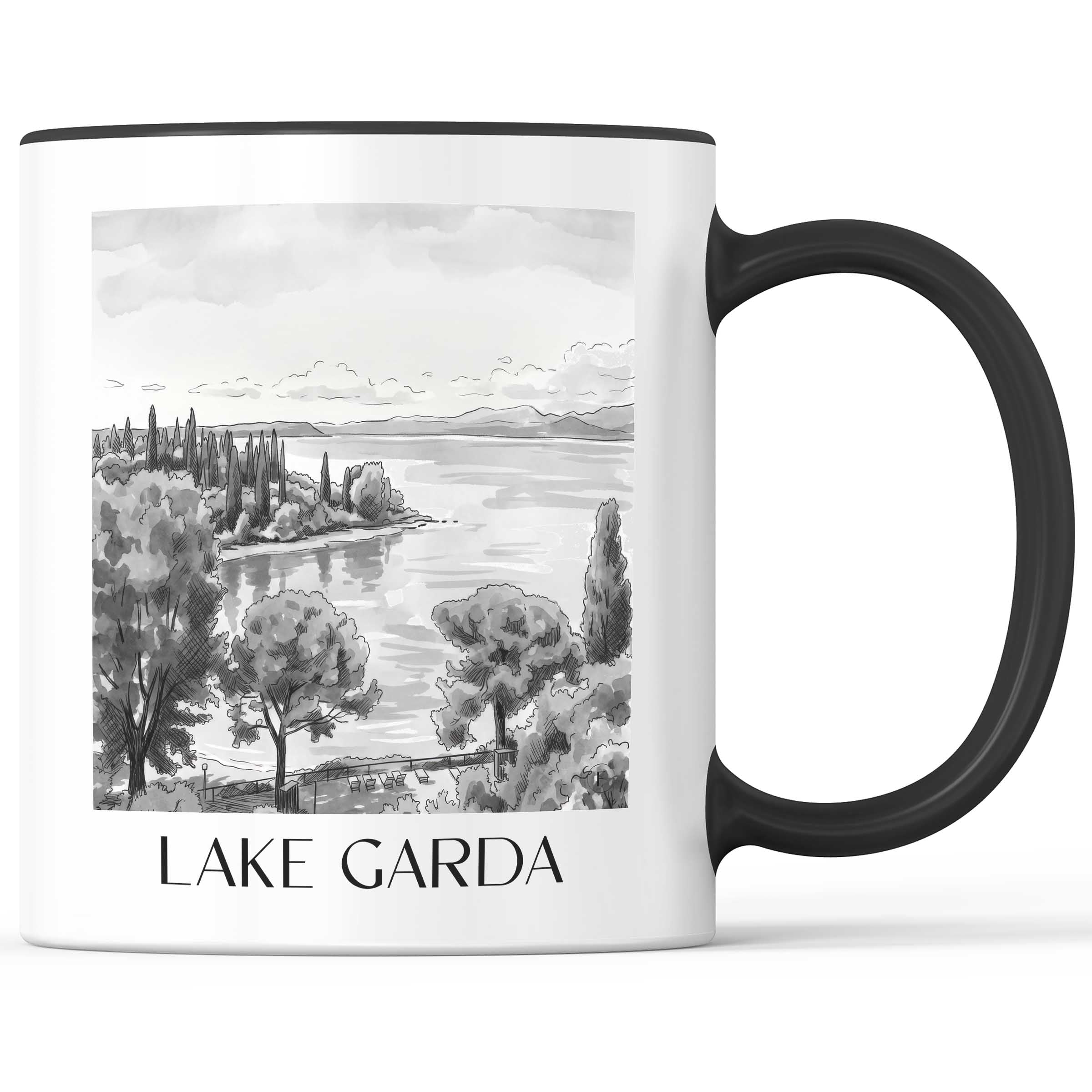 Gardasee - Italien Becher - Kaffeetasse im Aquarell Schwarz-Weiß Stil - favplace