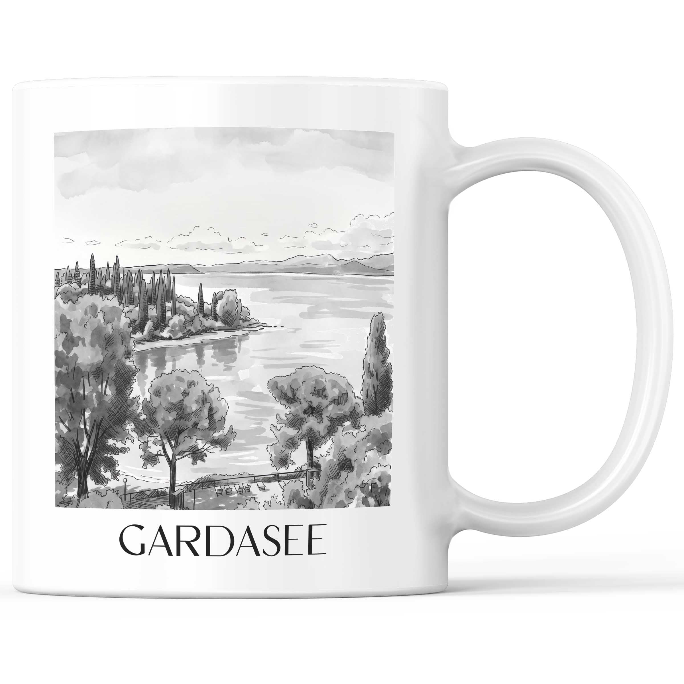 Gardasee - Italien Becher - Kaffeetasse im Aquarell Schwarz-Weiß Stil - favplace