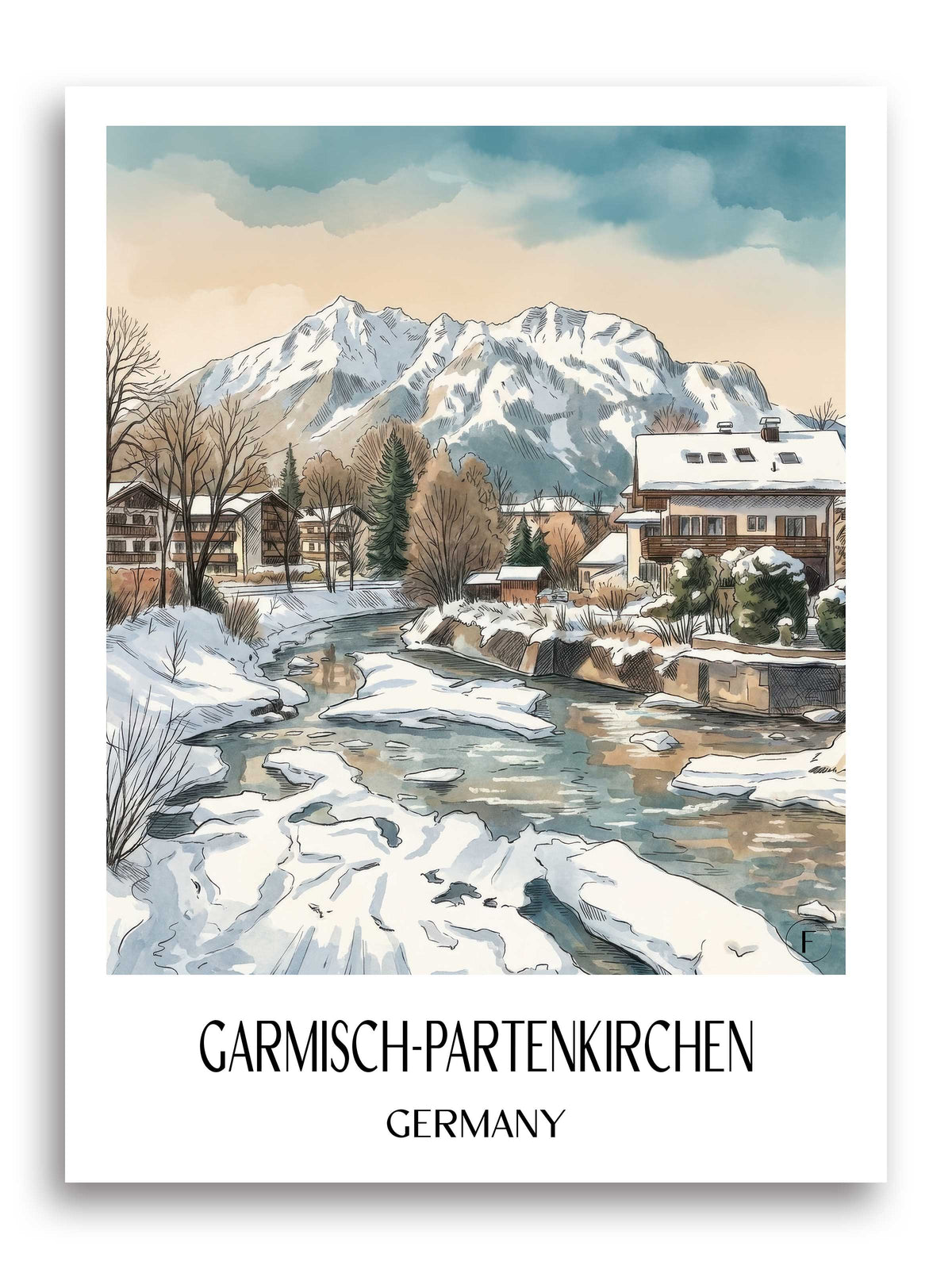 Garmisch-Partenkirchen (im Winter) Poster - Werdenfelser Land - Deutschland Kunstdruck - Aquarell von A4 bis A1 - favplace
