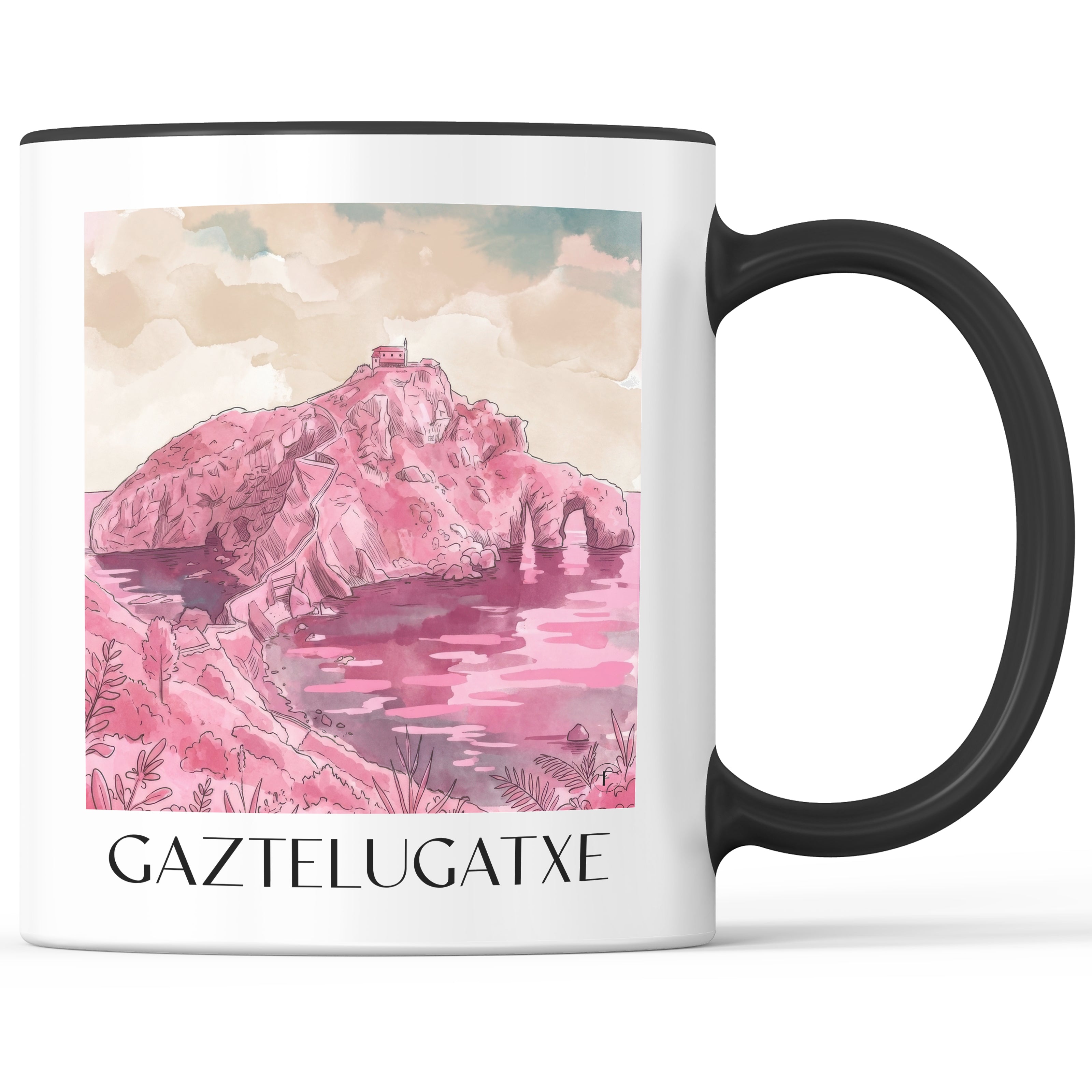 gaztelugatxe-spanien-spanien-kaffeebecher-aquarell-pink-rosa