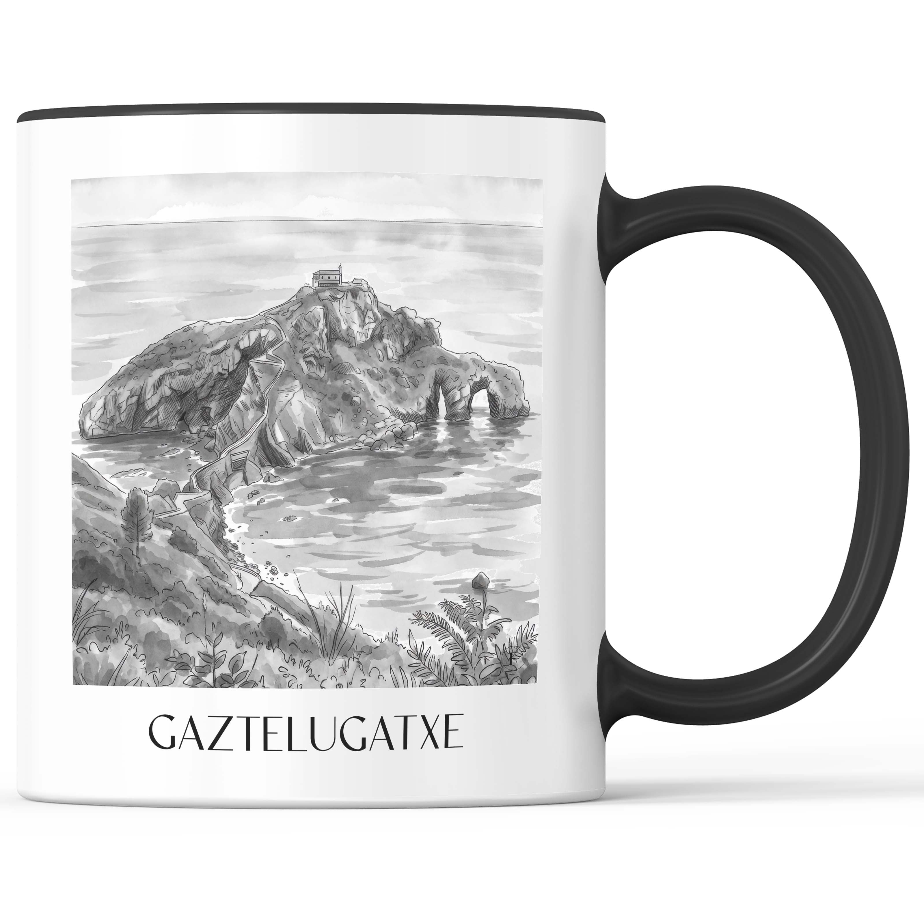 gaztelugatxe-spanien-spanien-kaffeebecher-aquarell-schwarz-weiss