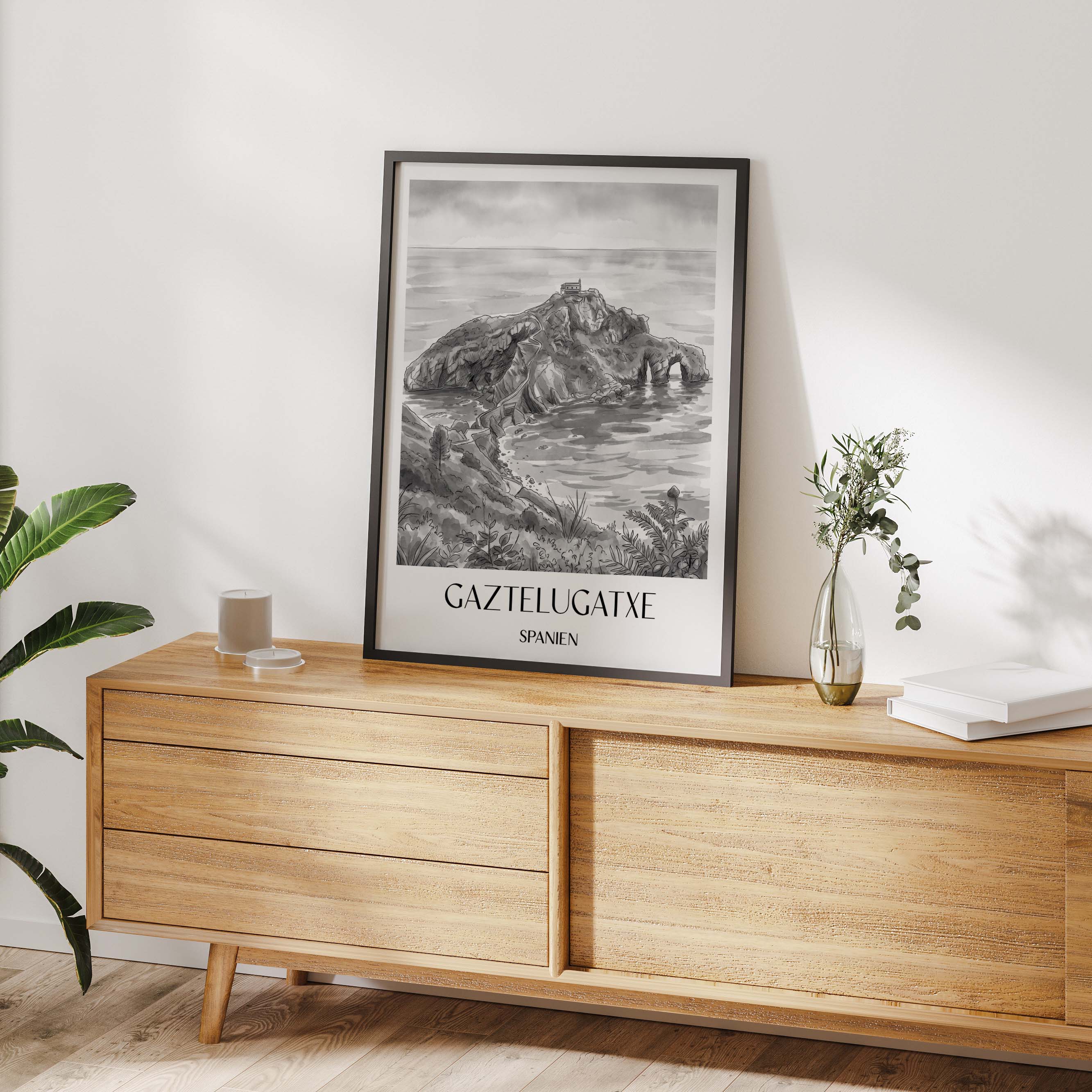 gaztelugatxe-spanien-spanien-poster-aquarell-schwarz-weiss