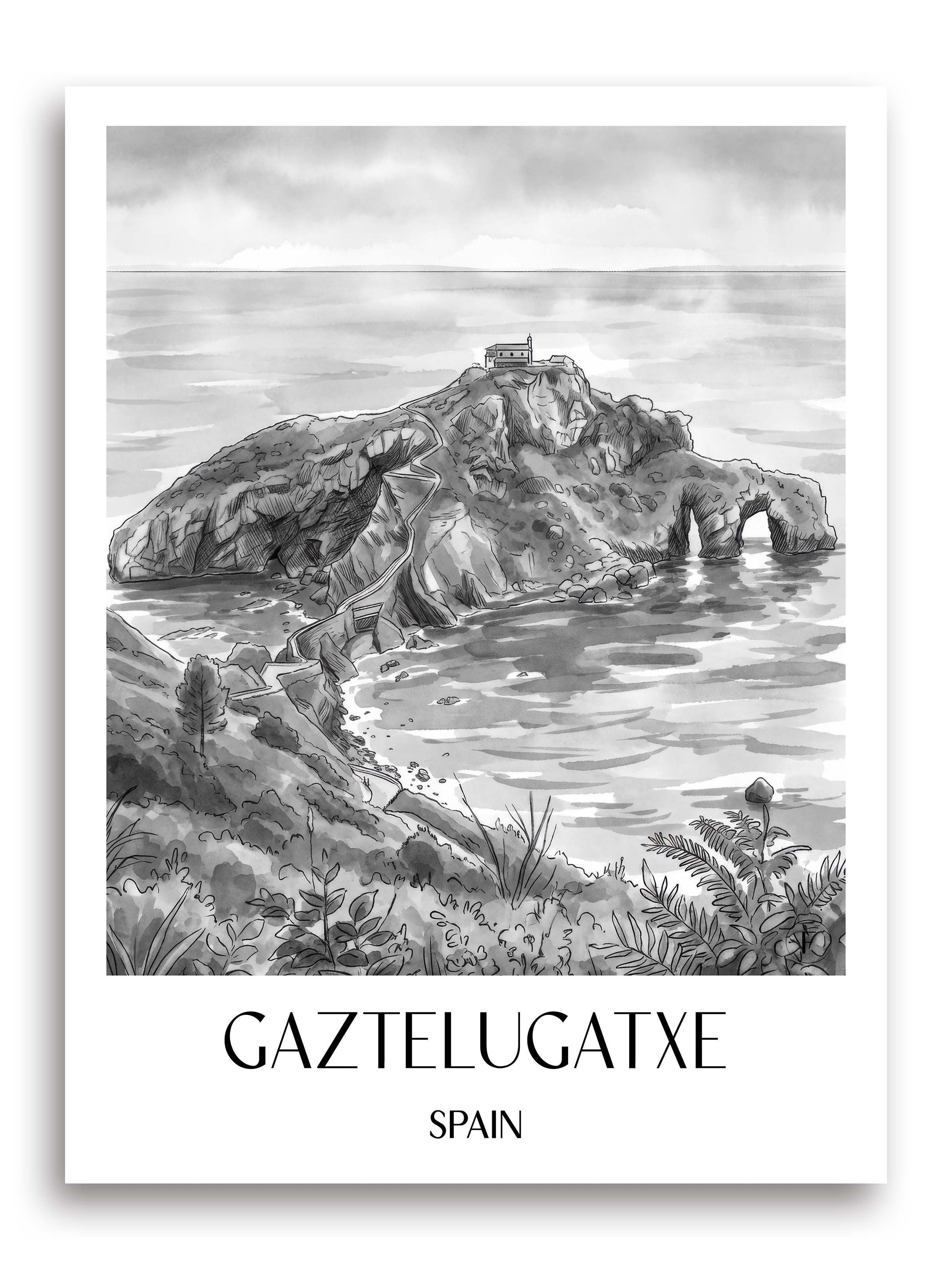 Gaztelugatxe Poster - Spanien - Spanien Kunstdruck - Aquarell Schwarz-Weiß von A4 bis A1 - favplace