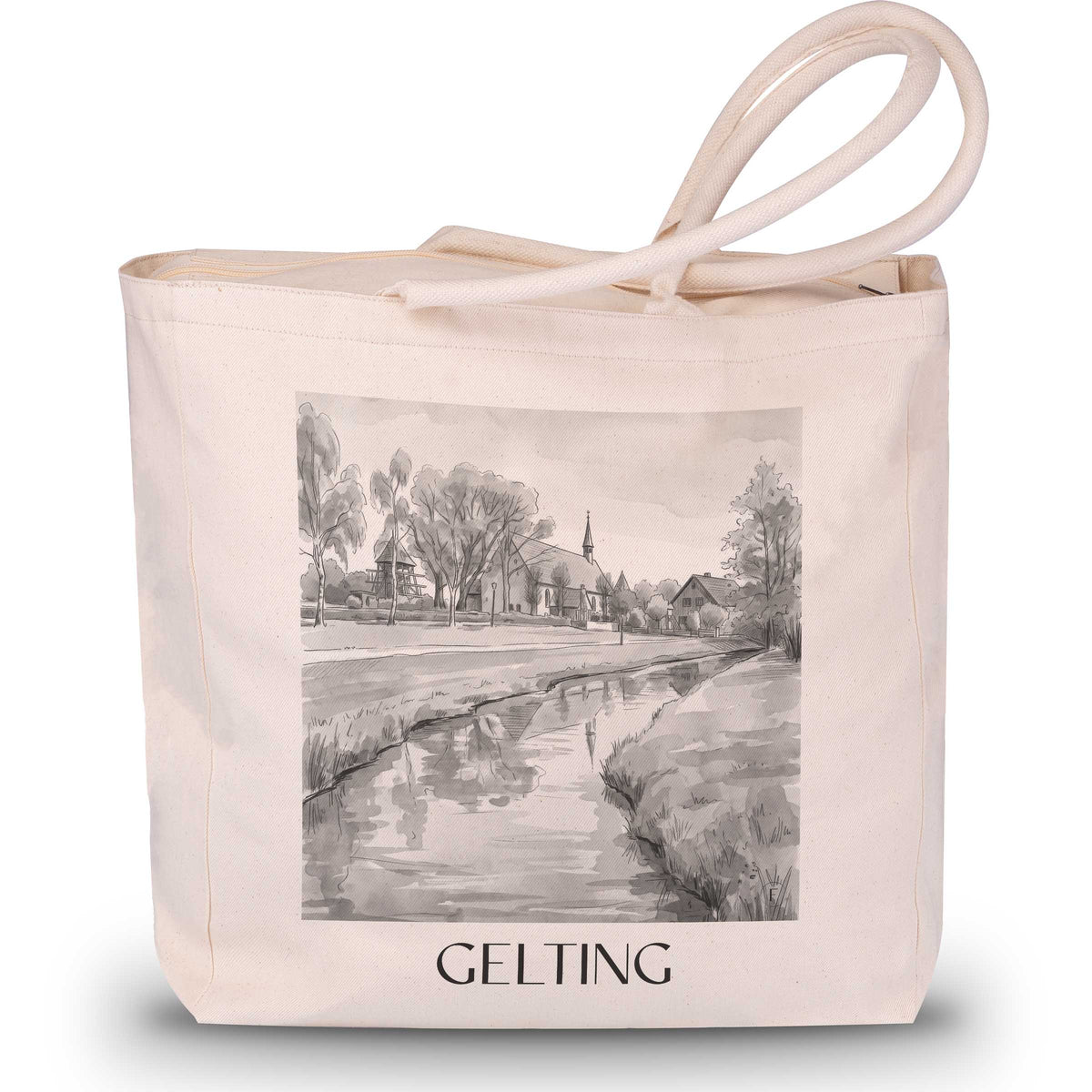 Gelting Shopping Tasche - Schleswig - Deutschland Tote Bag - Einkaufstasche im Aquarell Schwarz-Weiß Stil - favplace