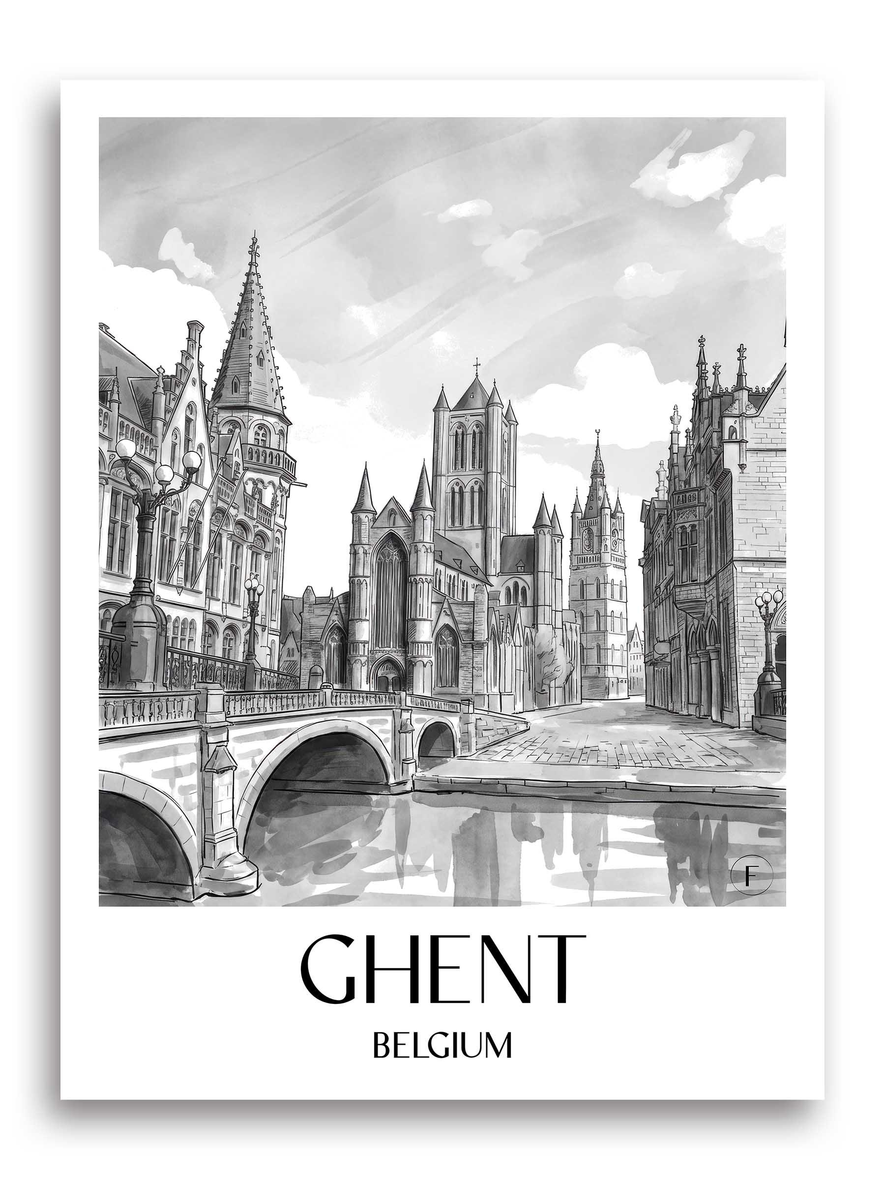 Gent Poster - Belgien - Belgien Kunstdruck - Aquarell Schwarz-Weiß von A4 bis A1 - favplace