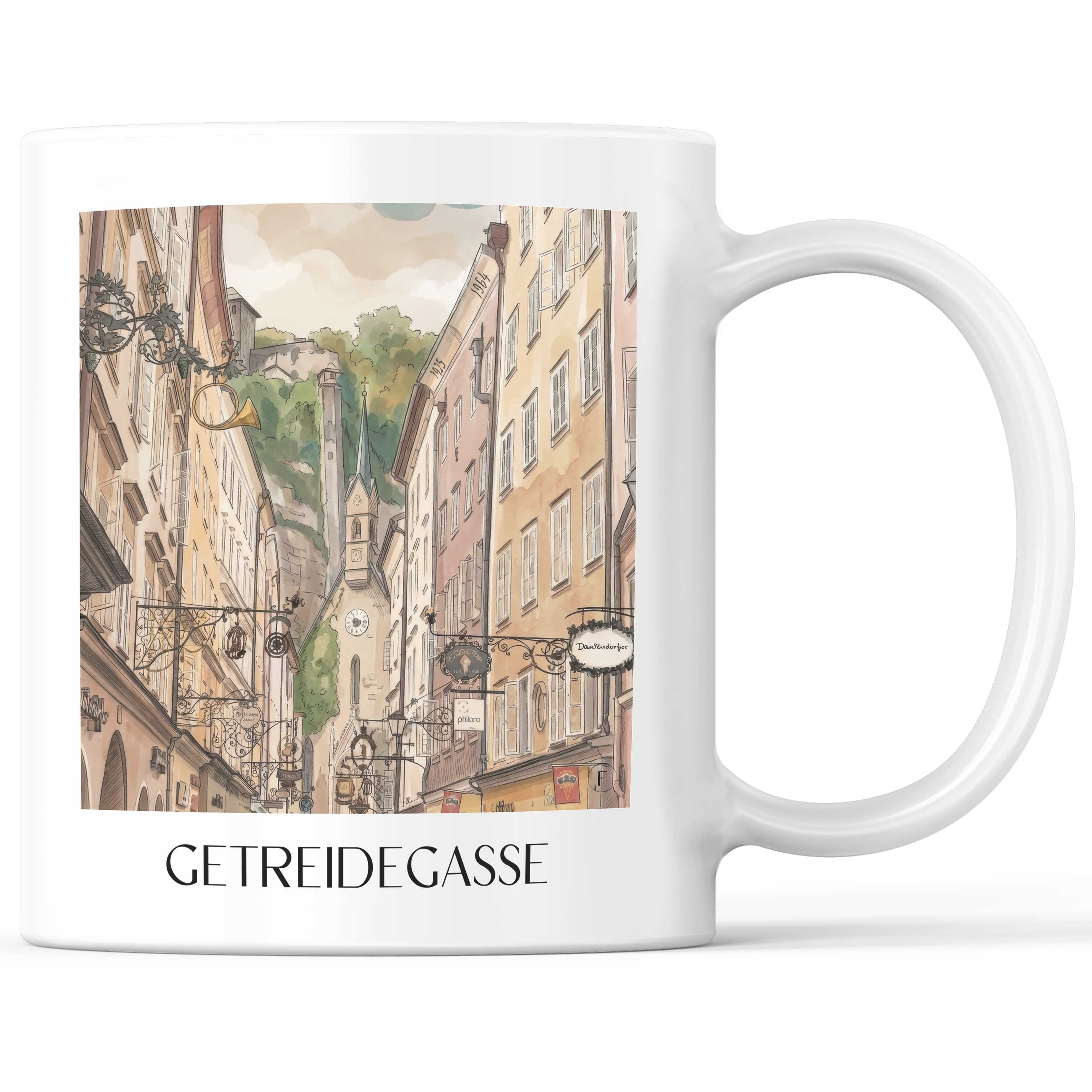 Getreidegasse Kaffeebecher - Salzburg - Österreich Becher - Kaffeetasse im Aquarell Stil - favplace
