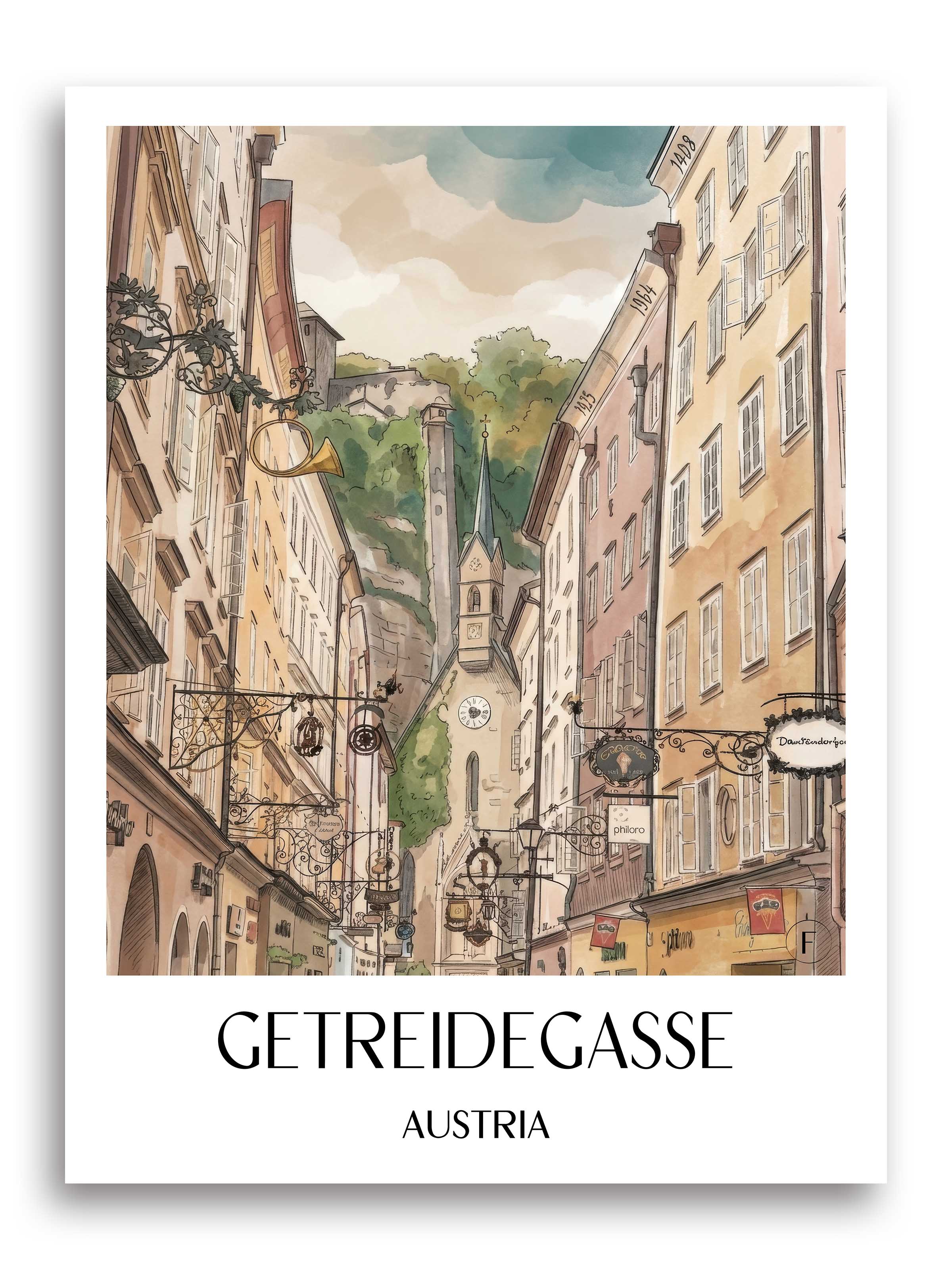 Getreidegasse Poster - Salzburg - Österreich Kunstdruck - Aquarell von A4 bis A1 - favplace