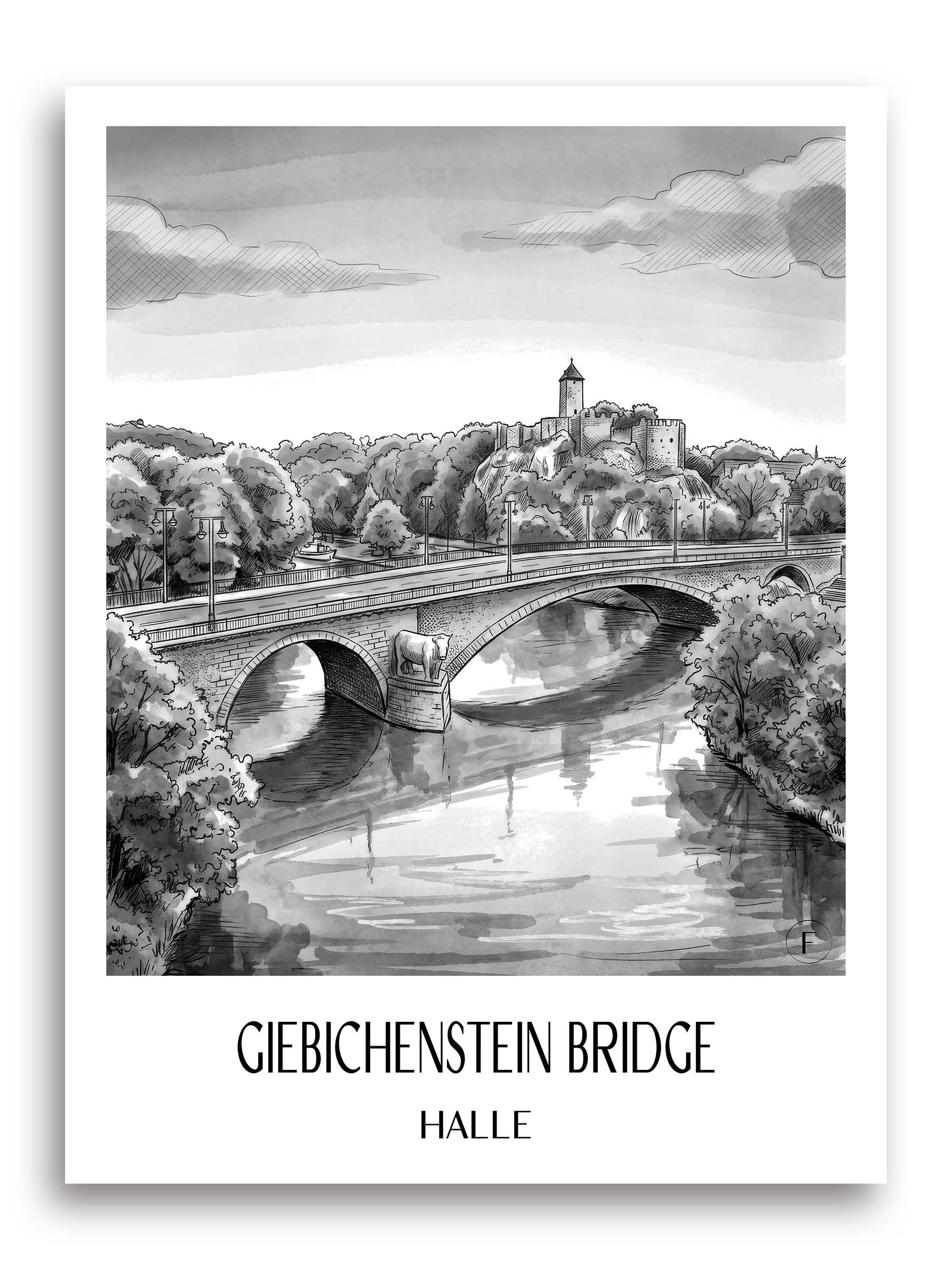 Giebichensteinbrücke Poster - Halle - Deutschland Kunstdruck - Aquarell Schwarz-Weiß von A4 bis A1 - favplace
