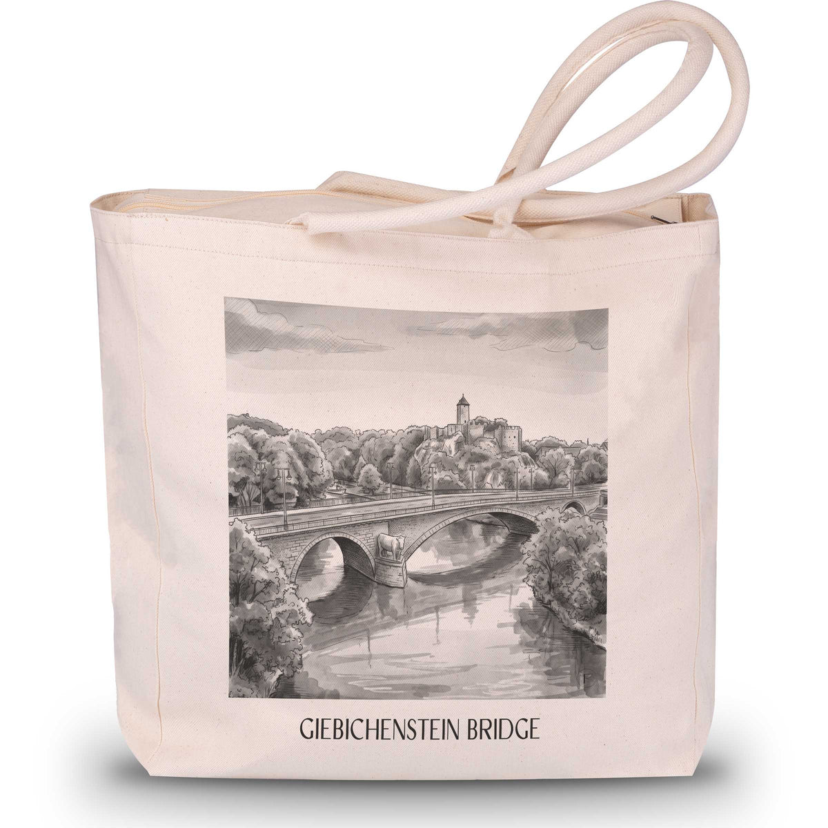 Giebichensteinbrücke Shopping Tasche - Halle - Deutschland Tote Bag - Einkaufstasche im Aquarell Schwarz-Weiß Stil - favplace
