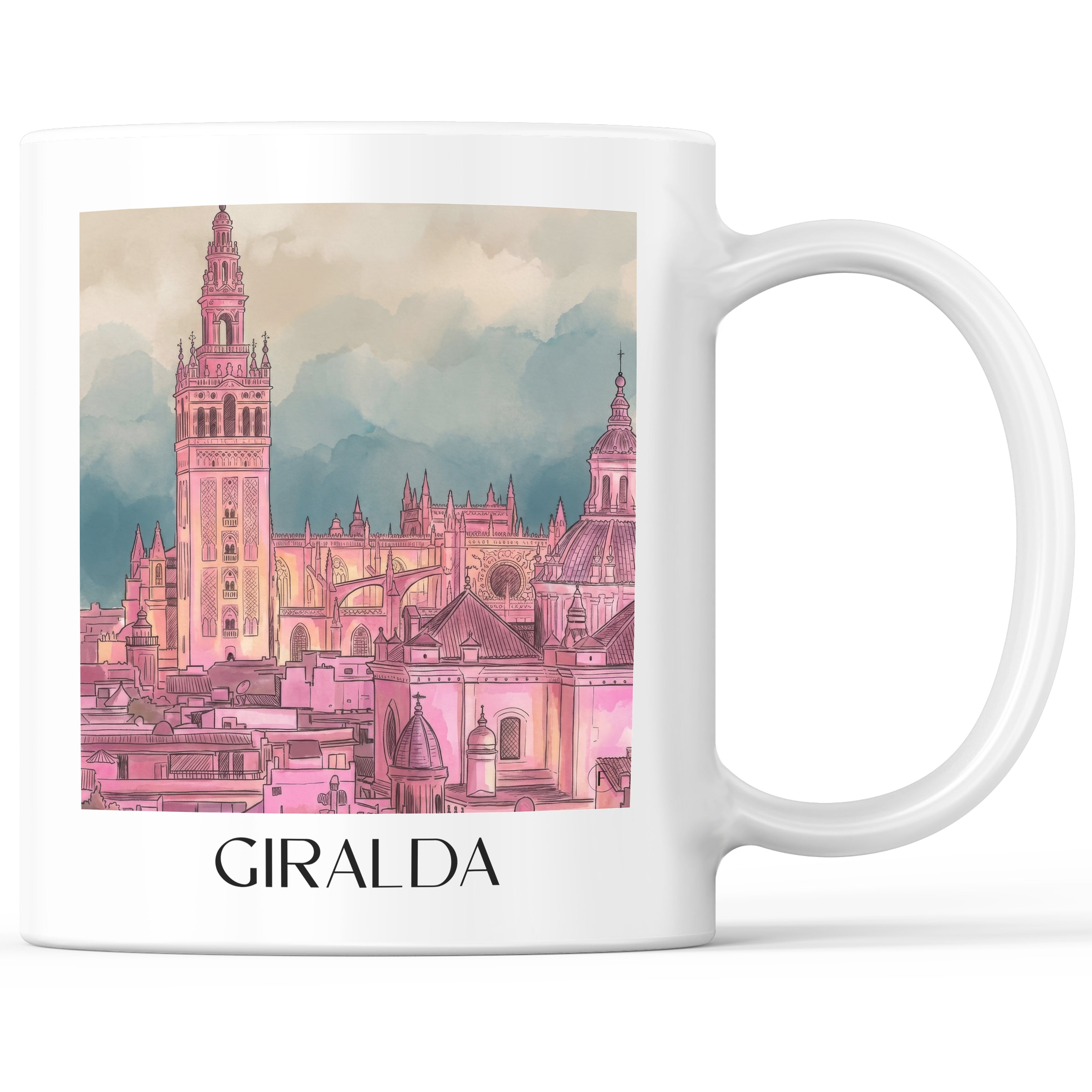 Giralda Kaffeebecher - Sevilla - Spanien Becher - Kaffeetasse im Aquarell Pink Stil - favplace