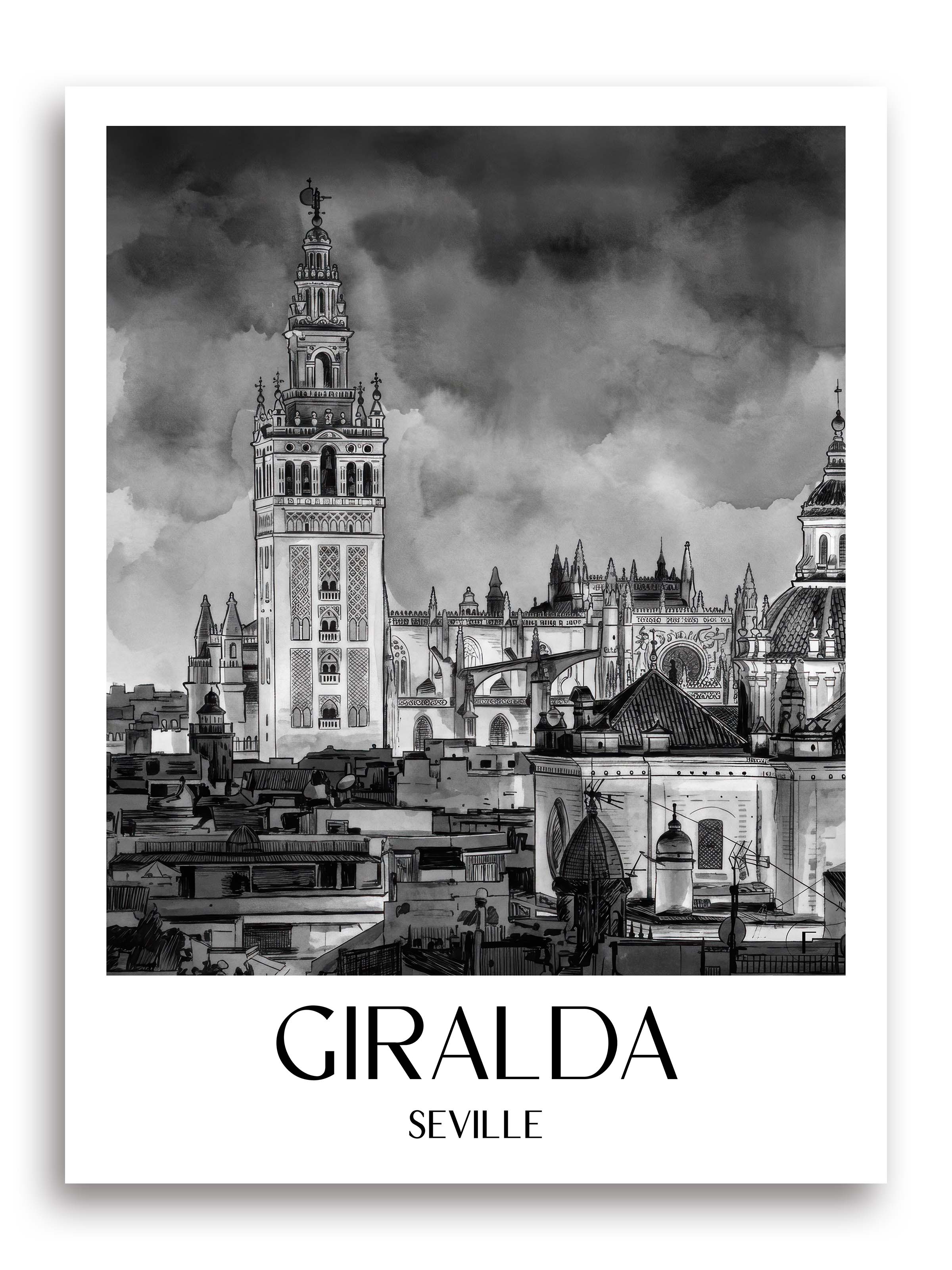 Giralda Poster - Sevilla - Spanien Kunstdruck - Aquarell Schwarz-Weiß von A4 bis A1 - favplace