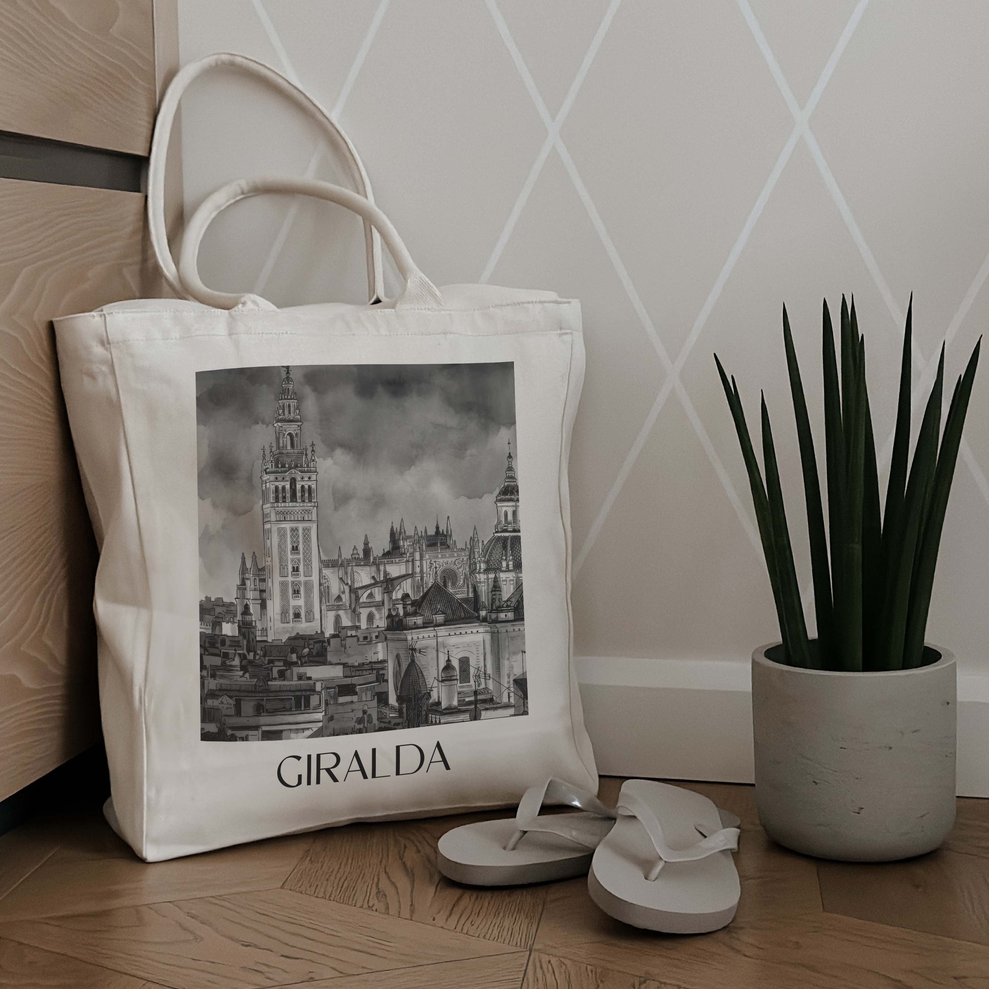 giralda-sevilla-spanien-einkaufstasche-aquarell-schwarz-weiss