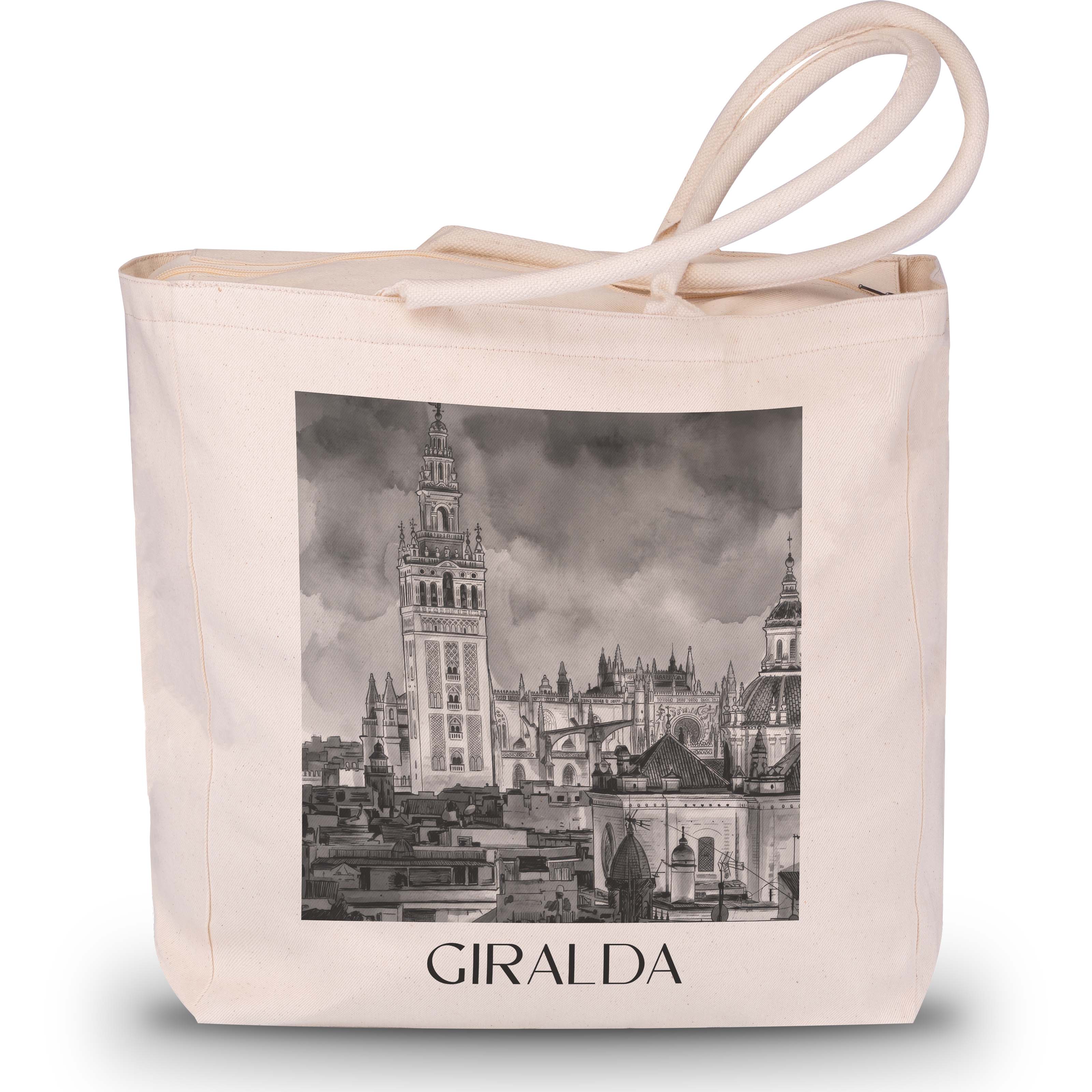 Giralda Shopping Tasche - Sevilla - Spanien Tote Bag - Einkaufstasche im Aquarell Schwarz-Weiß Stil - favplace