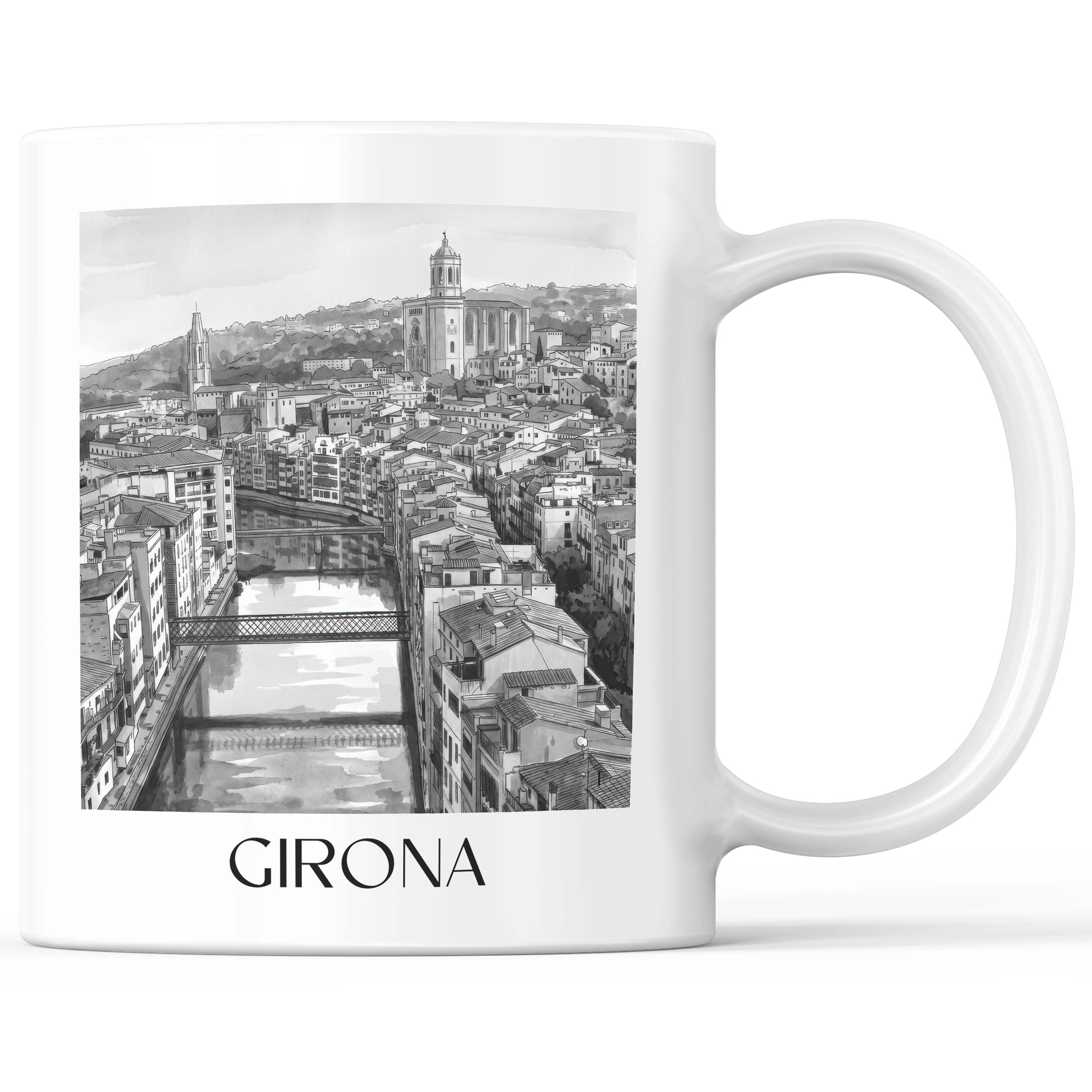 Girona Kaffeebecher - Spanien - Spanien und Spanien Becher - Kaffeetasse im Aquarell Schwarz-Weiß Stil - favplace