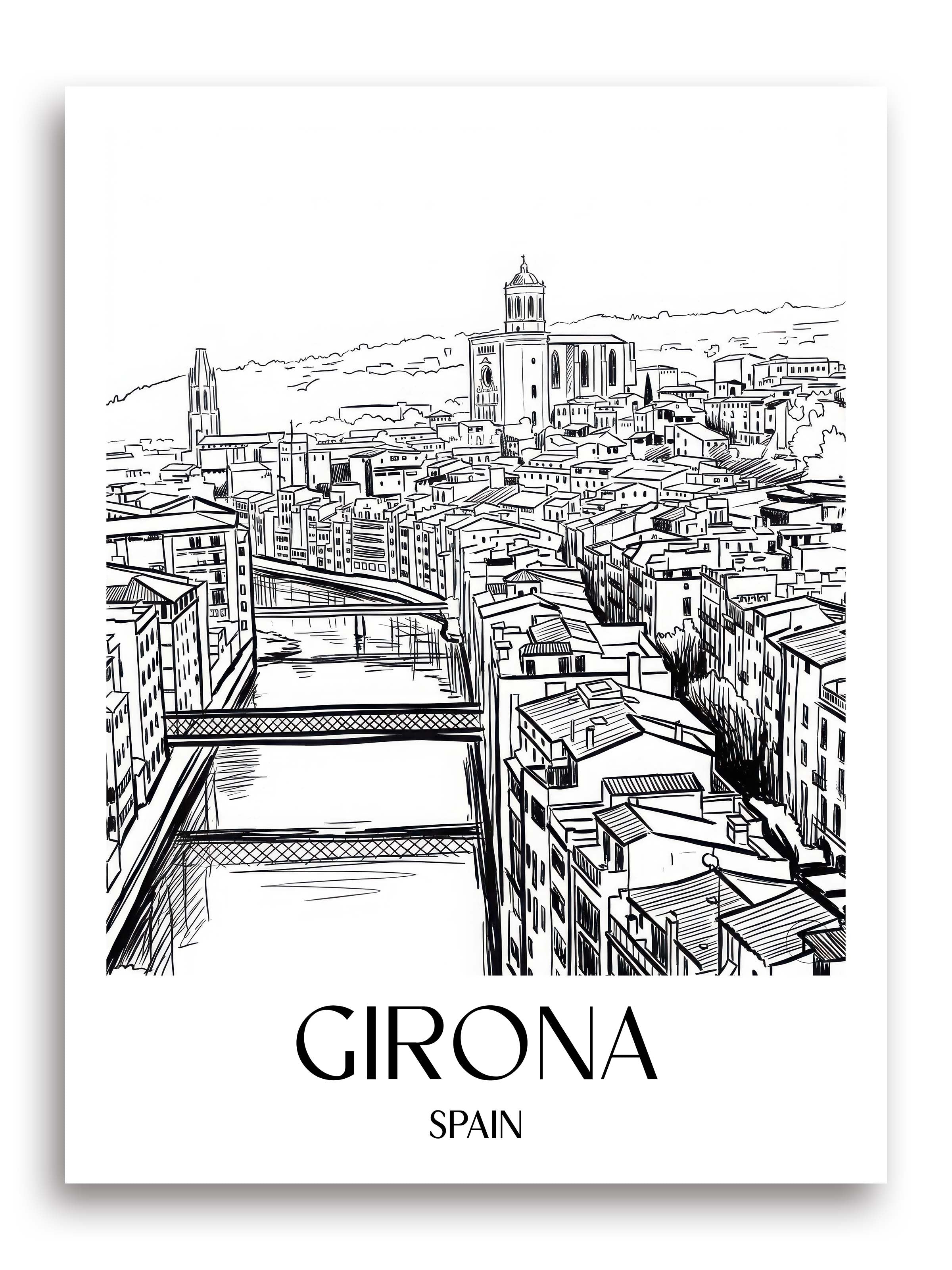 Girona Poster - Spanien - Spanien und Spanien Kunstdruck - Skizze von A4 bis A1 - favplace