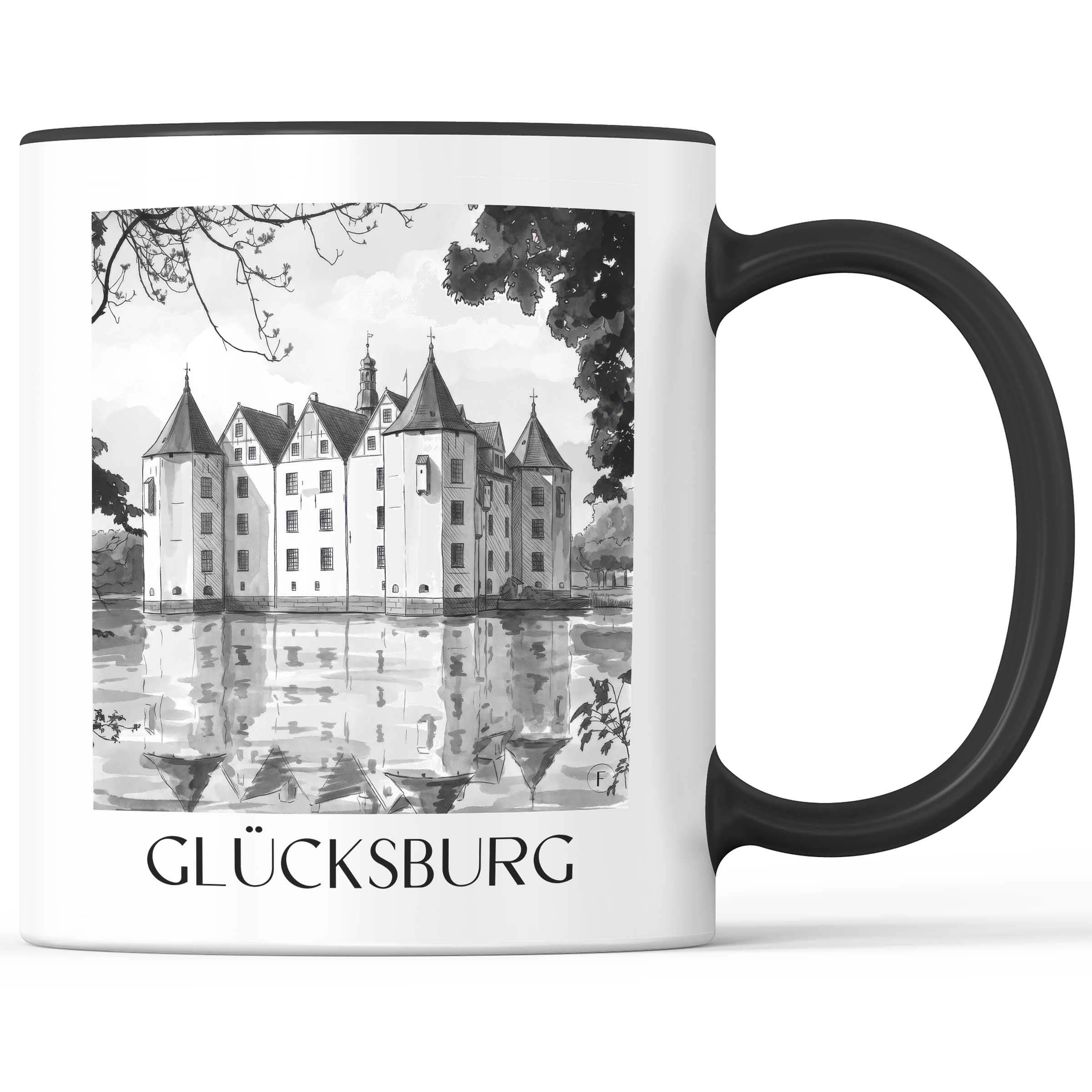 glücksburg-schleswig-deutschland-kaffeebecher-aquarell-schwarz-weiss