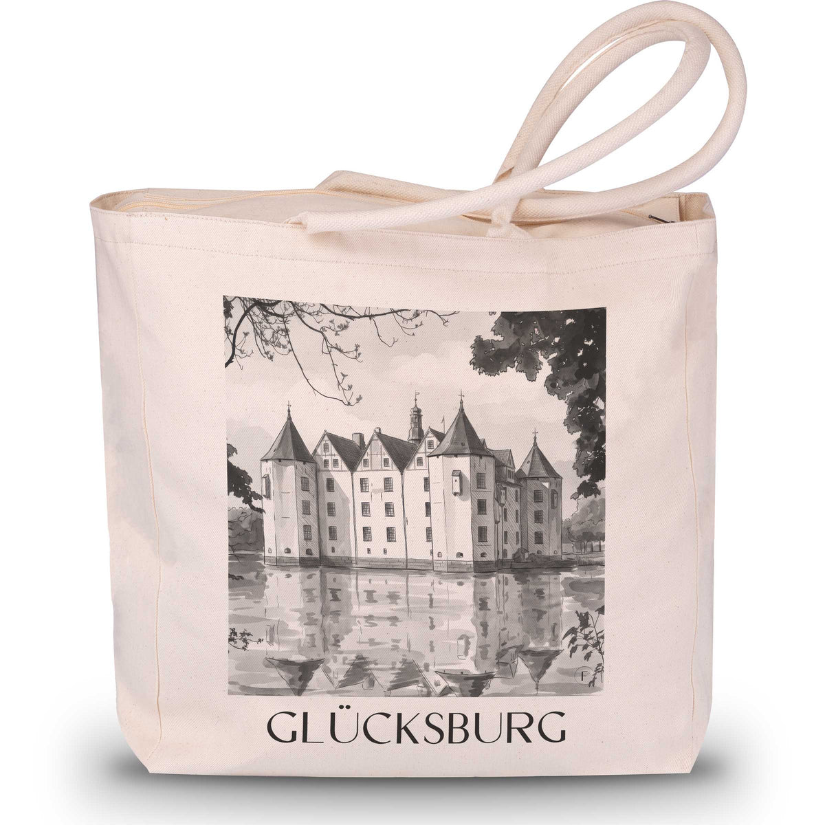 Glücksburg Shopping Tasche - Schleswig - Deutschland Tote Bag - Einkaufstasche im Aquarell Schwarz-Weiß Stil - favplace